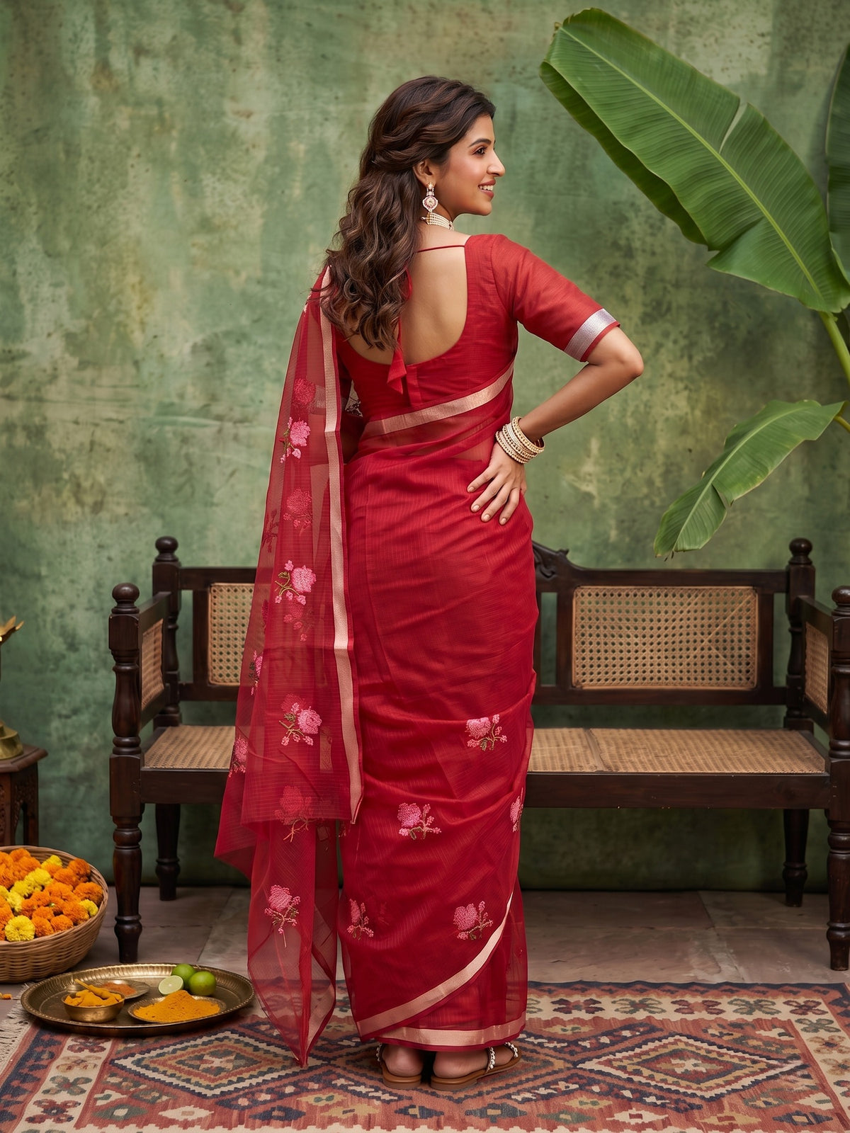 Red Kota Doria Cotton saree – detail view 1
