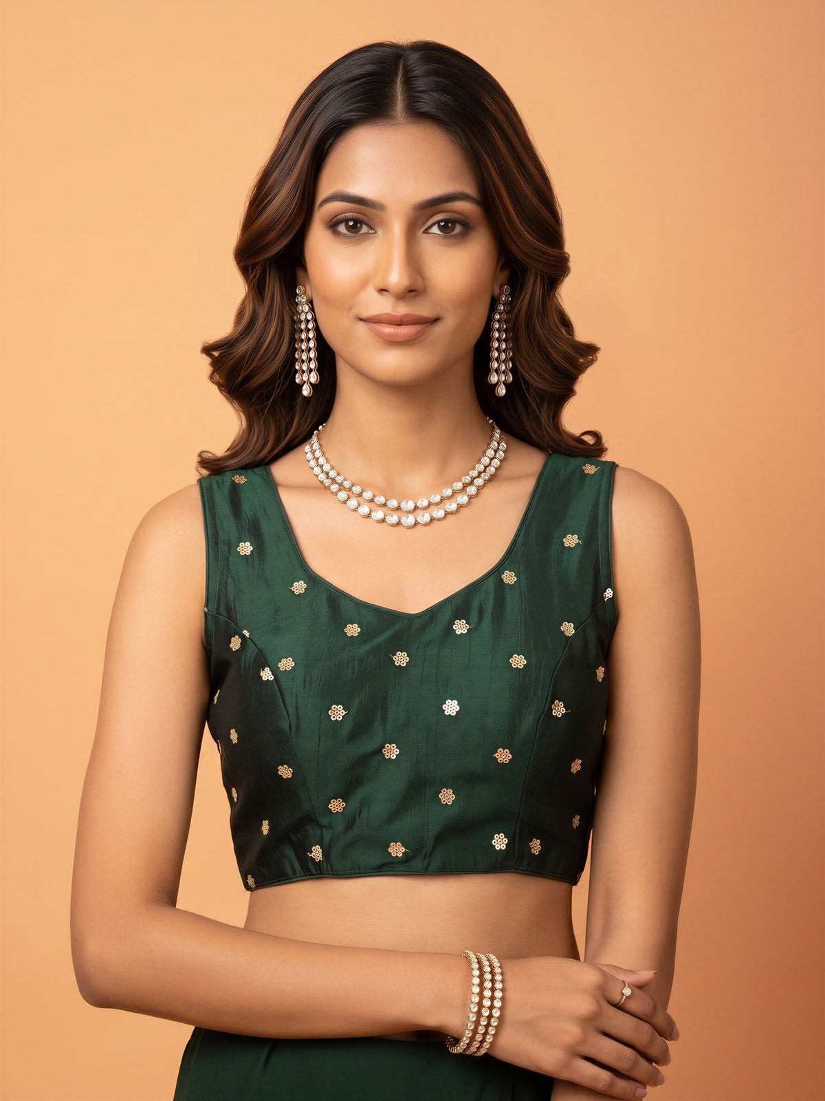Dark Green sequin embellished chinnon sleeveless readymade saree blouse with round neck