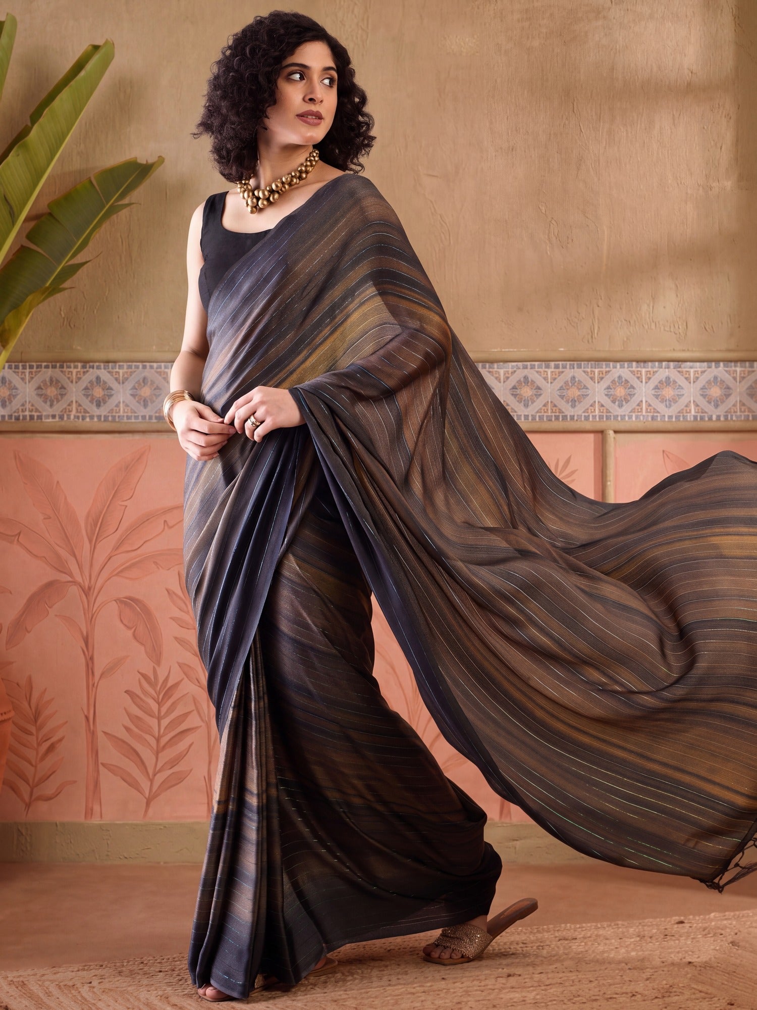 Black Poly Georgette saree – detail view 1