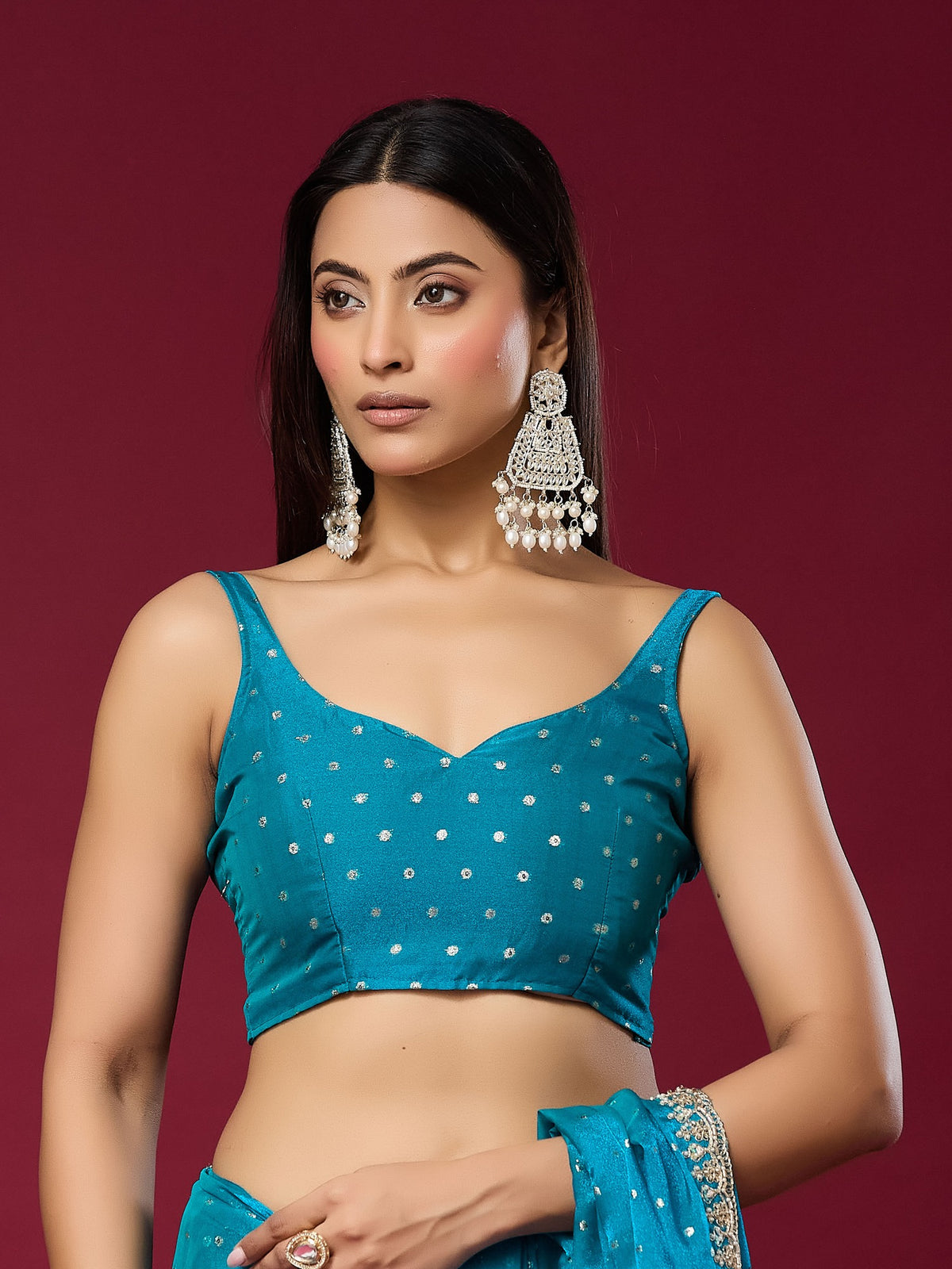 Turquoise Blue Georgette saree – detail view 2