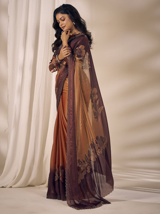 Bronze satin silk saree view 1