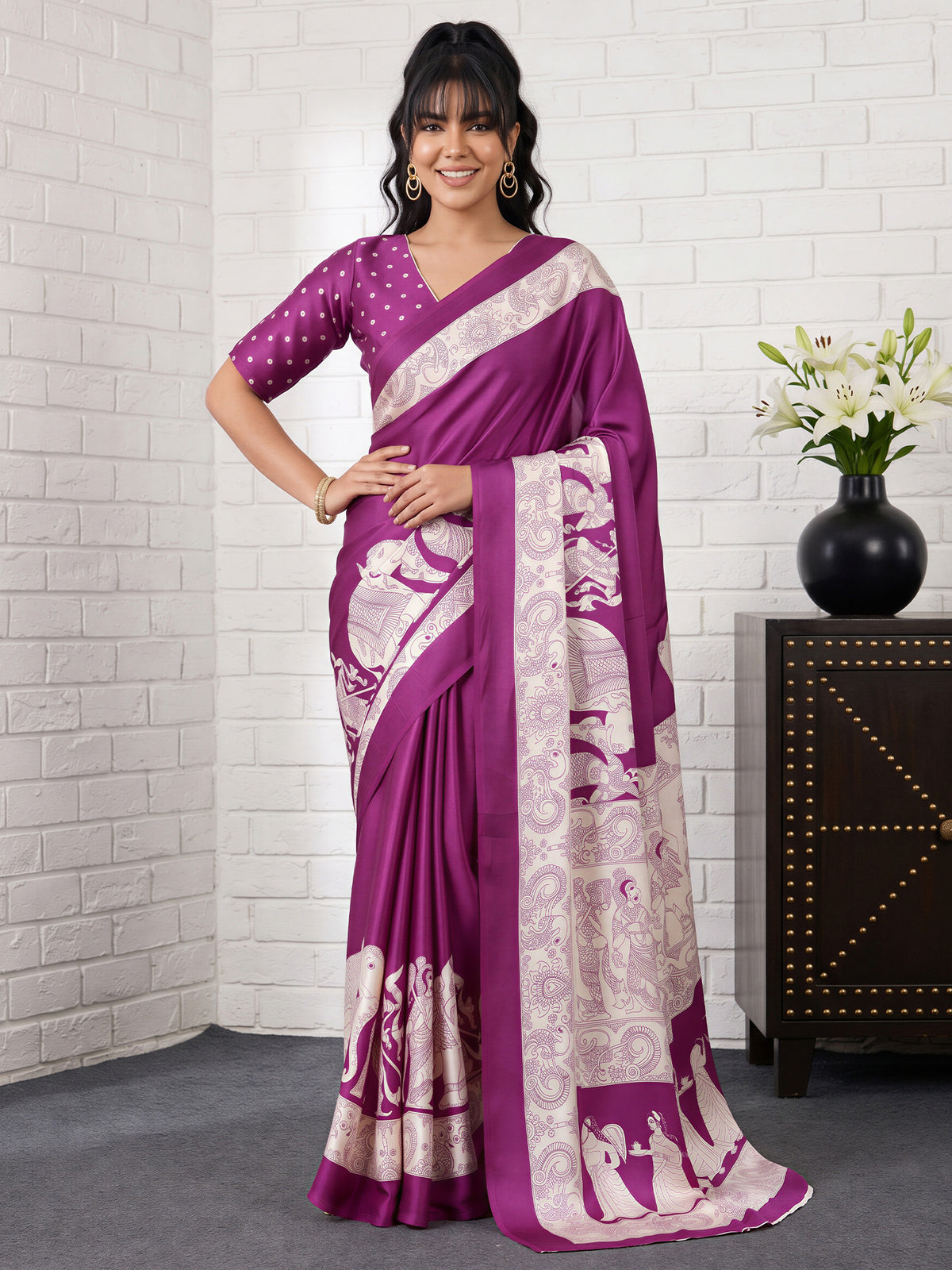 Purple Satin saree – detail view 3