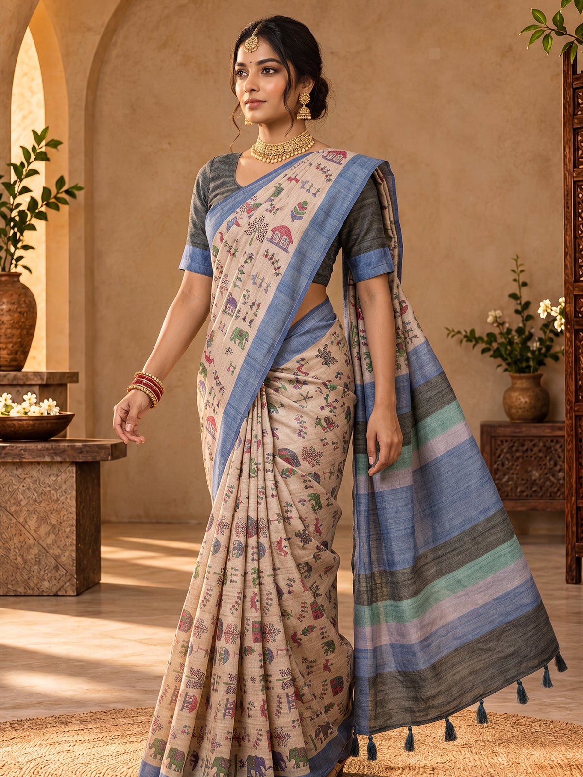 Beige soft silk saree view 2