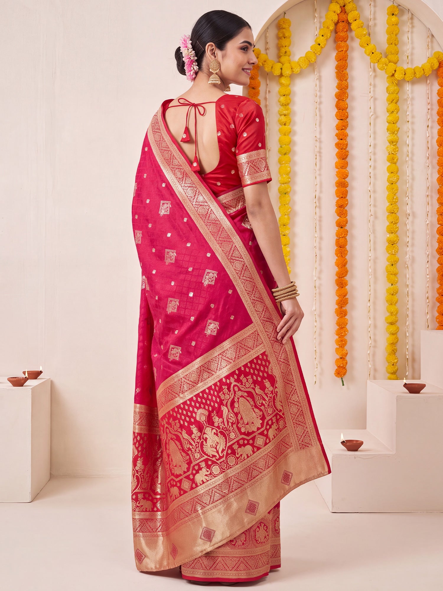 Pink Satin Silk saree – detail view 1