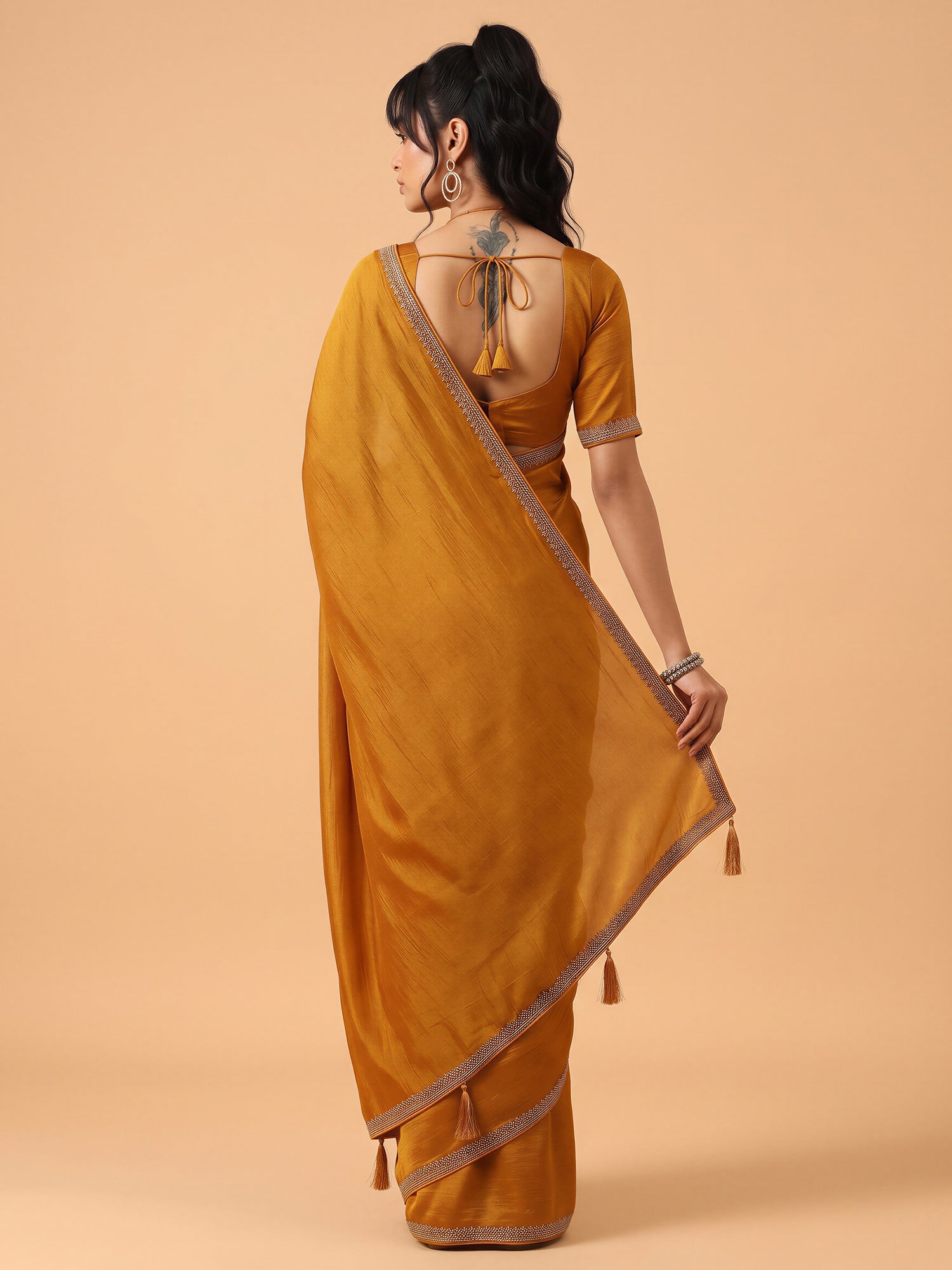 Mustard Satin Silk saree – detail view 1
