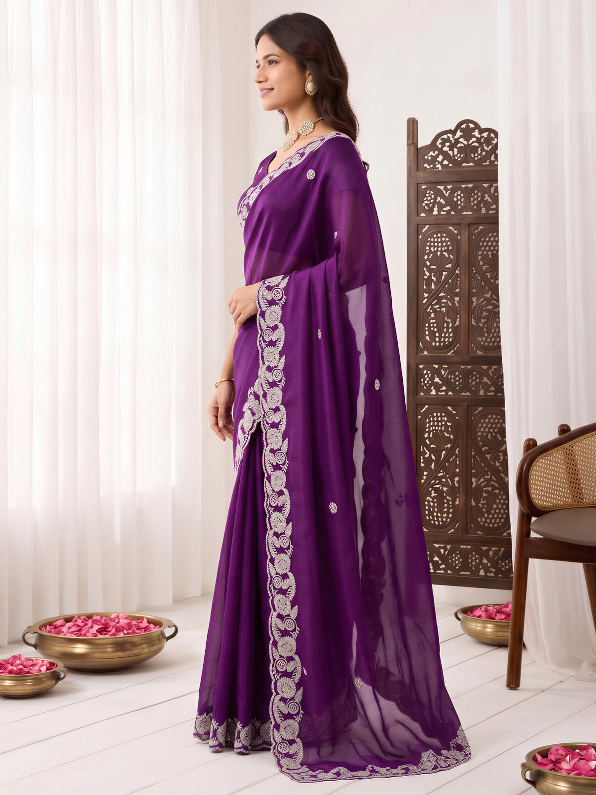 Purple Satin saree – detail view 2