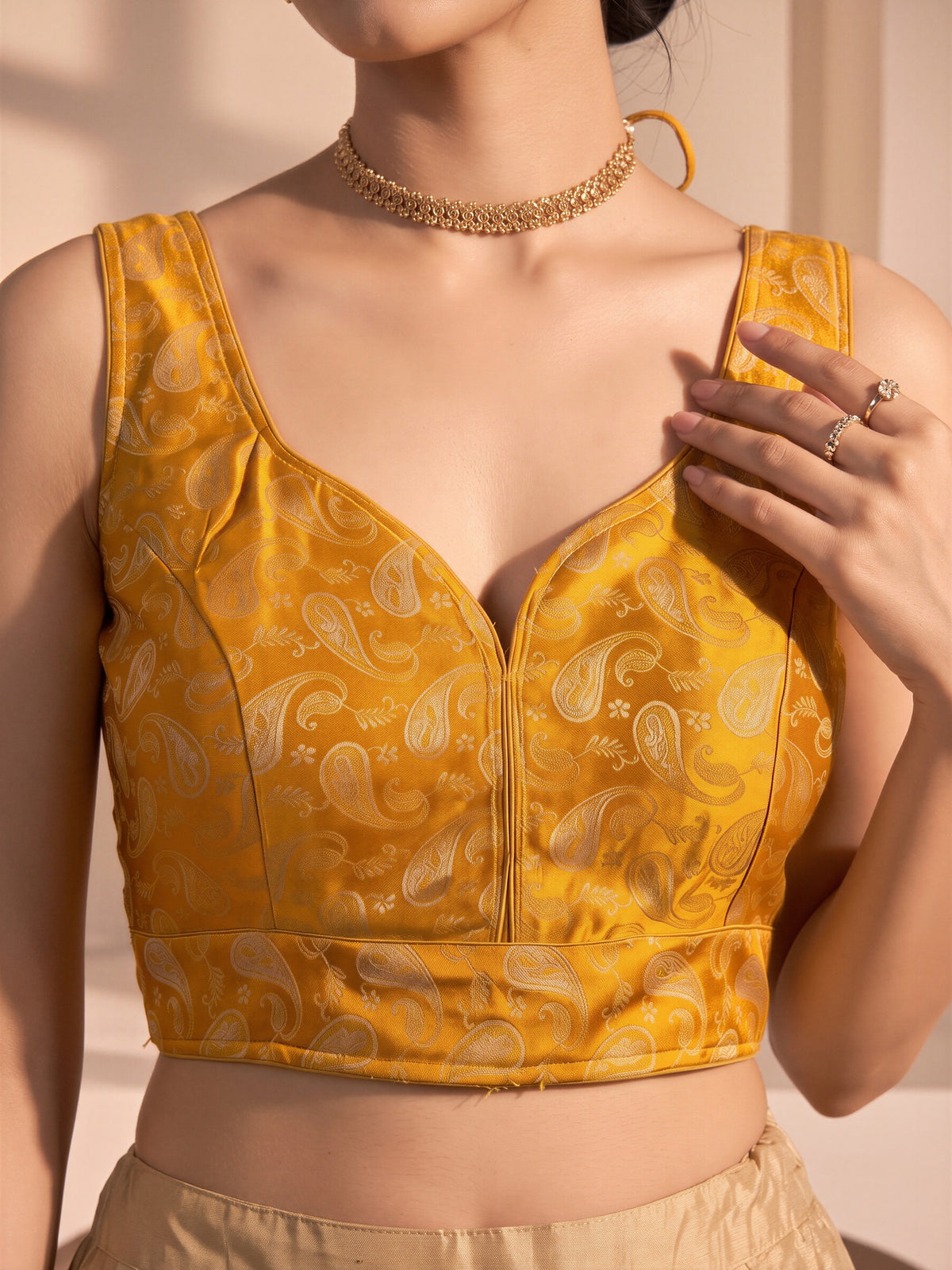 Orange woven brocade silk blend sleeveless readymade saree blouse with v neck view 4