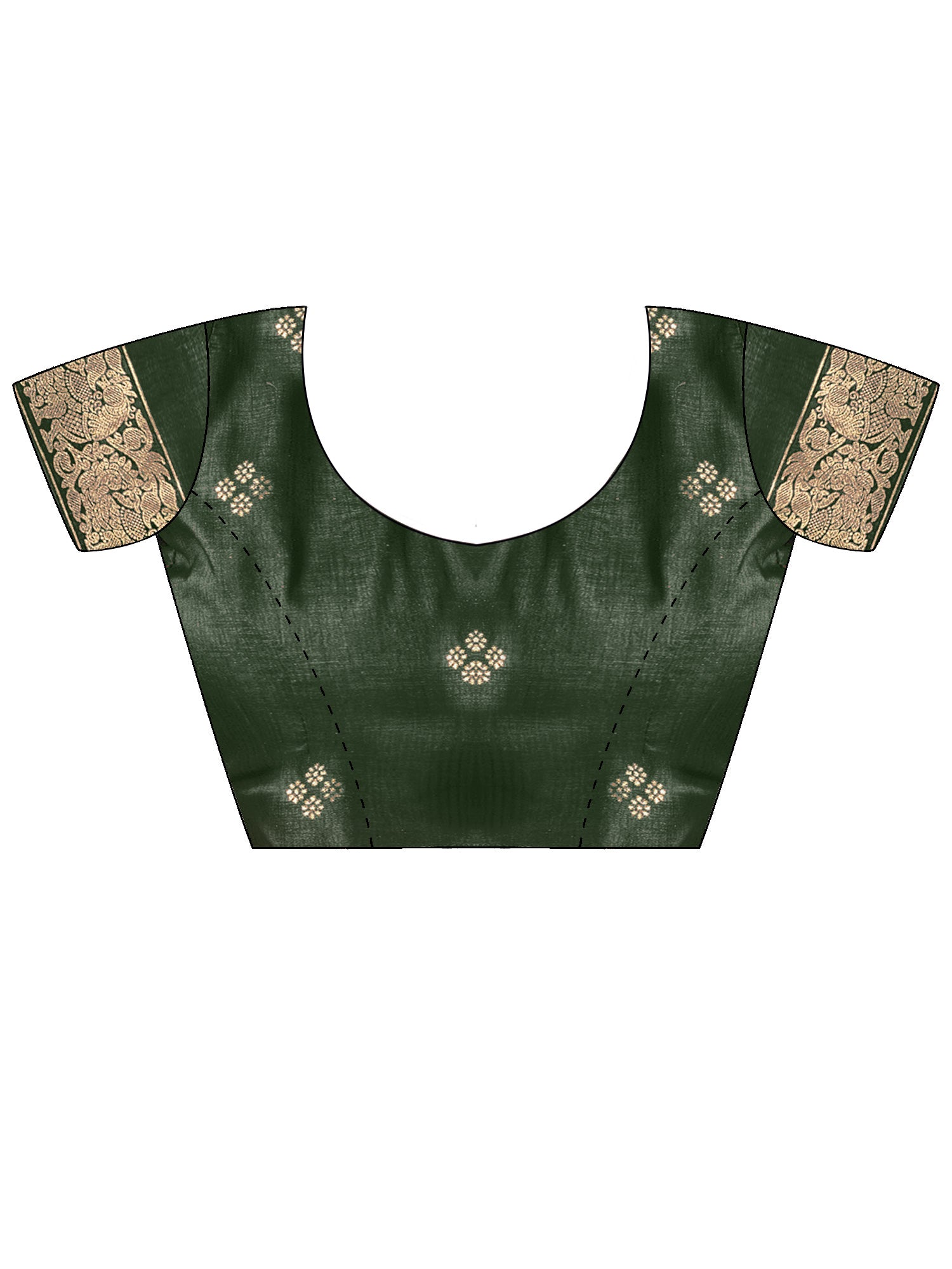 Unstitched dark green tussar silk blouse piece with ethnic motif design