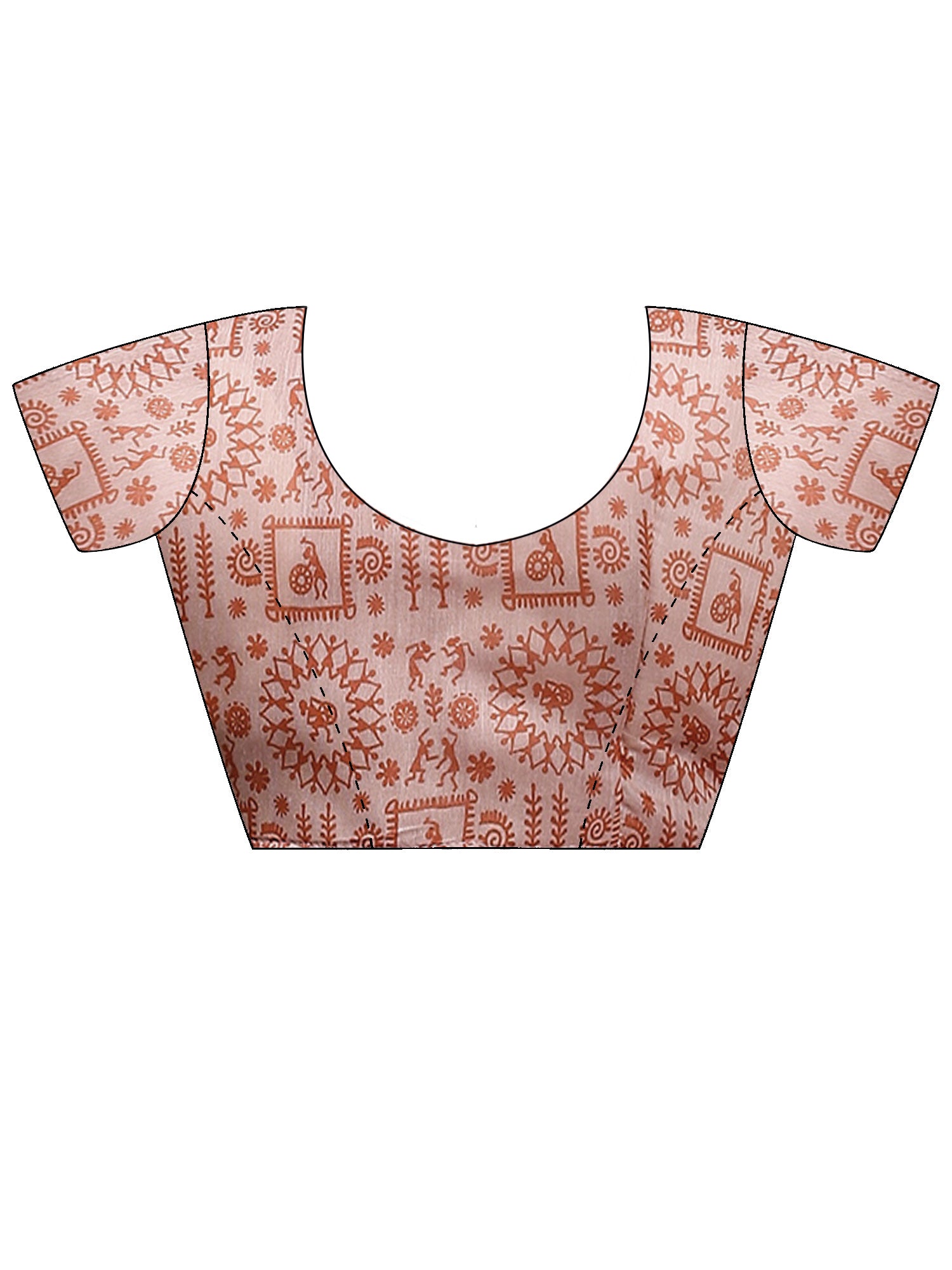 Unstitched rust cotton linen blouse piece with warli design
