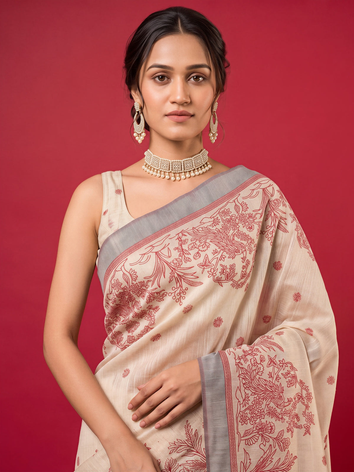 Beige silk blend saree view 4