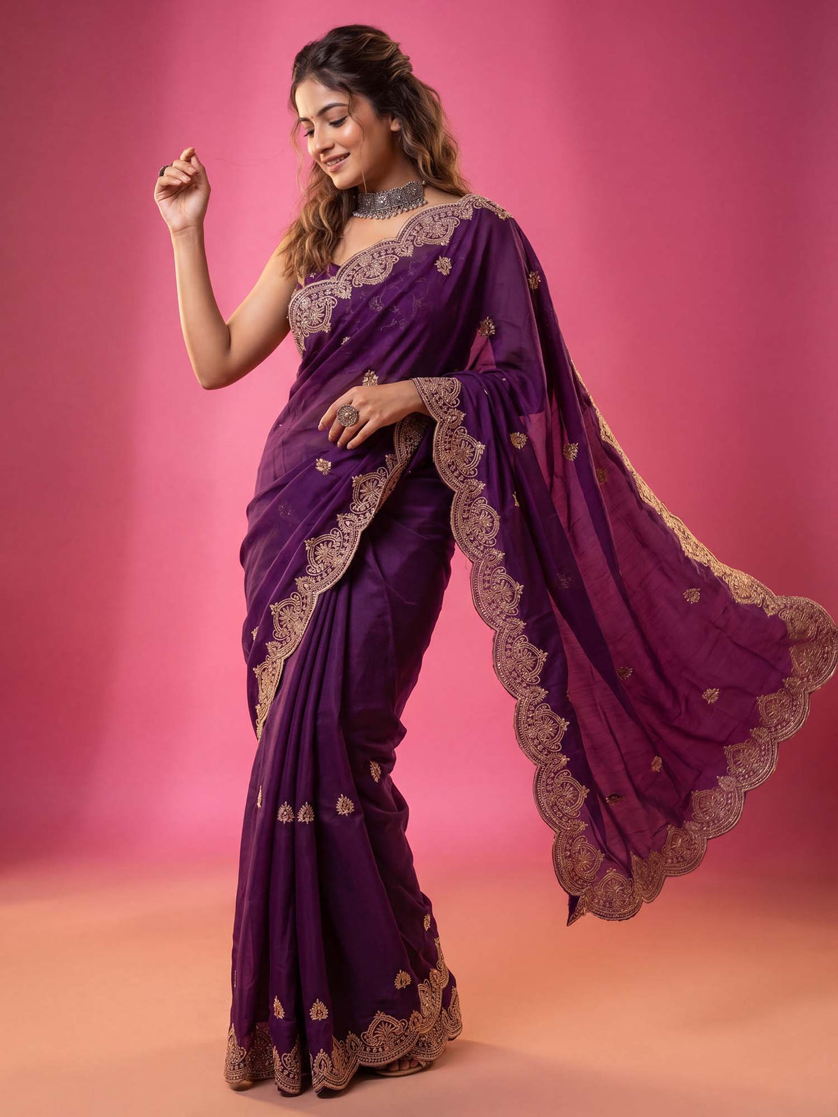Purple Georgette saree – detail view 3