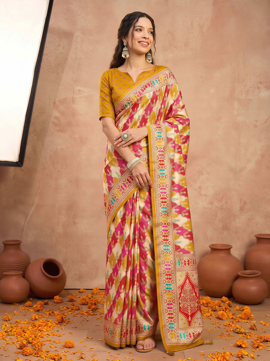 Woman wearing mustard silk blend saree with metallic foil print work and mustard blouse