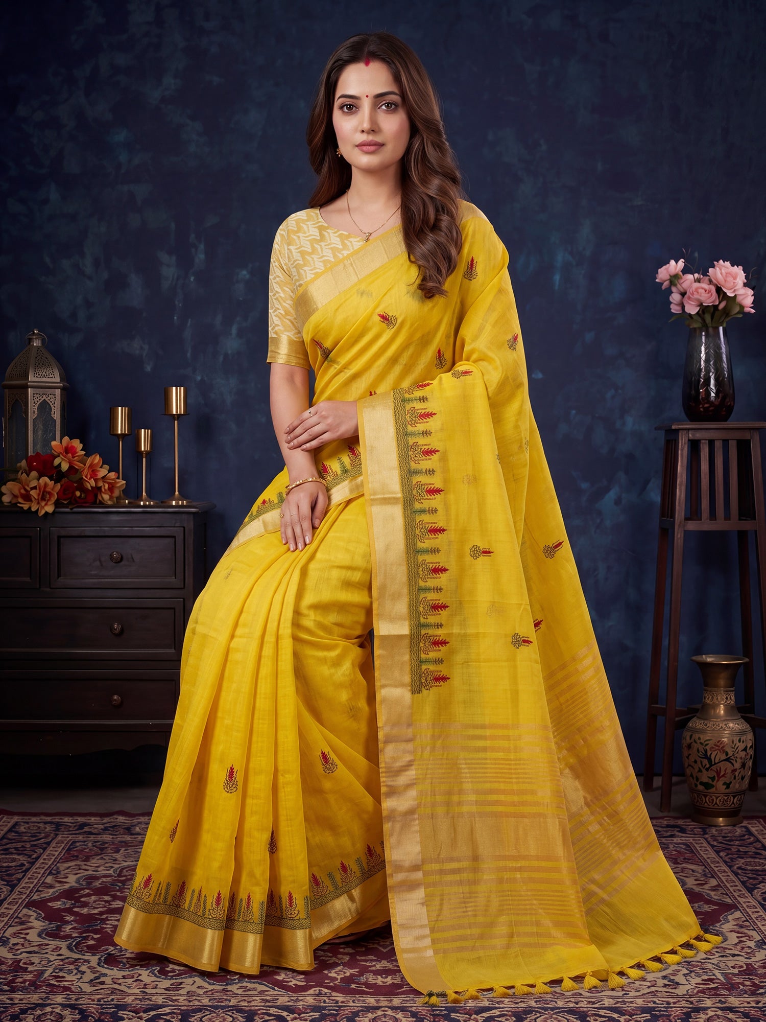 Yellow Cotton Linen saree – detail view 3