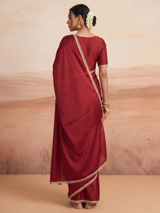Maroon satin silk saree view 1