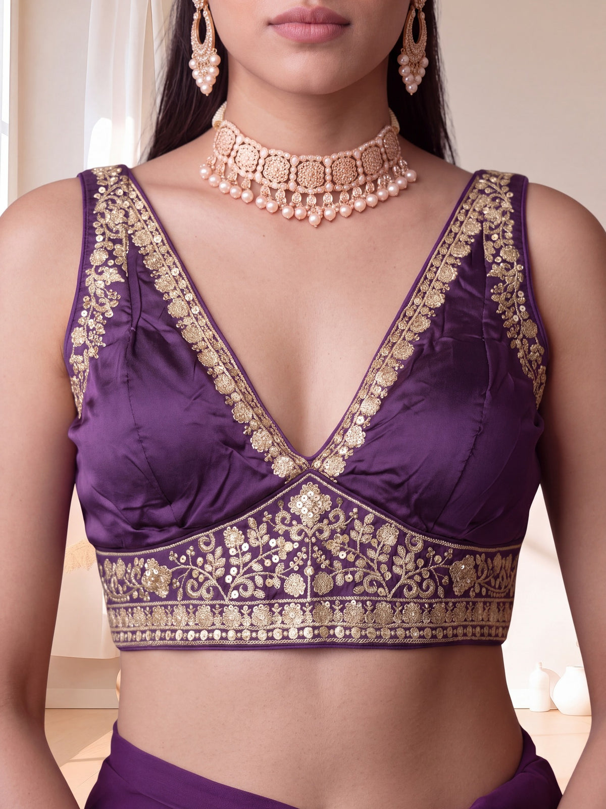 Purple sequin embellished silk blend sleeveless readymade saree blouse with deep v neck view 1