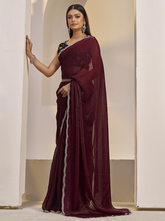 Maroon satin silk saree view 1