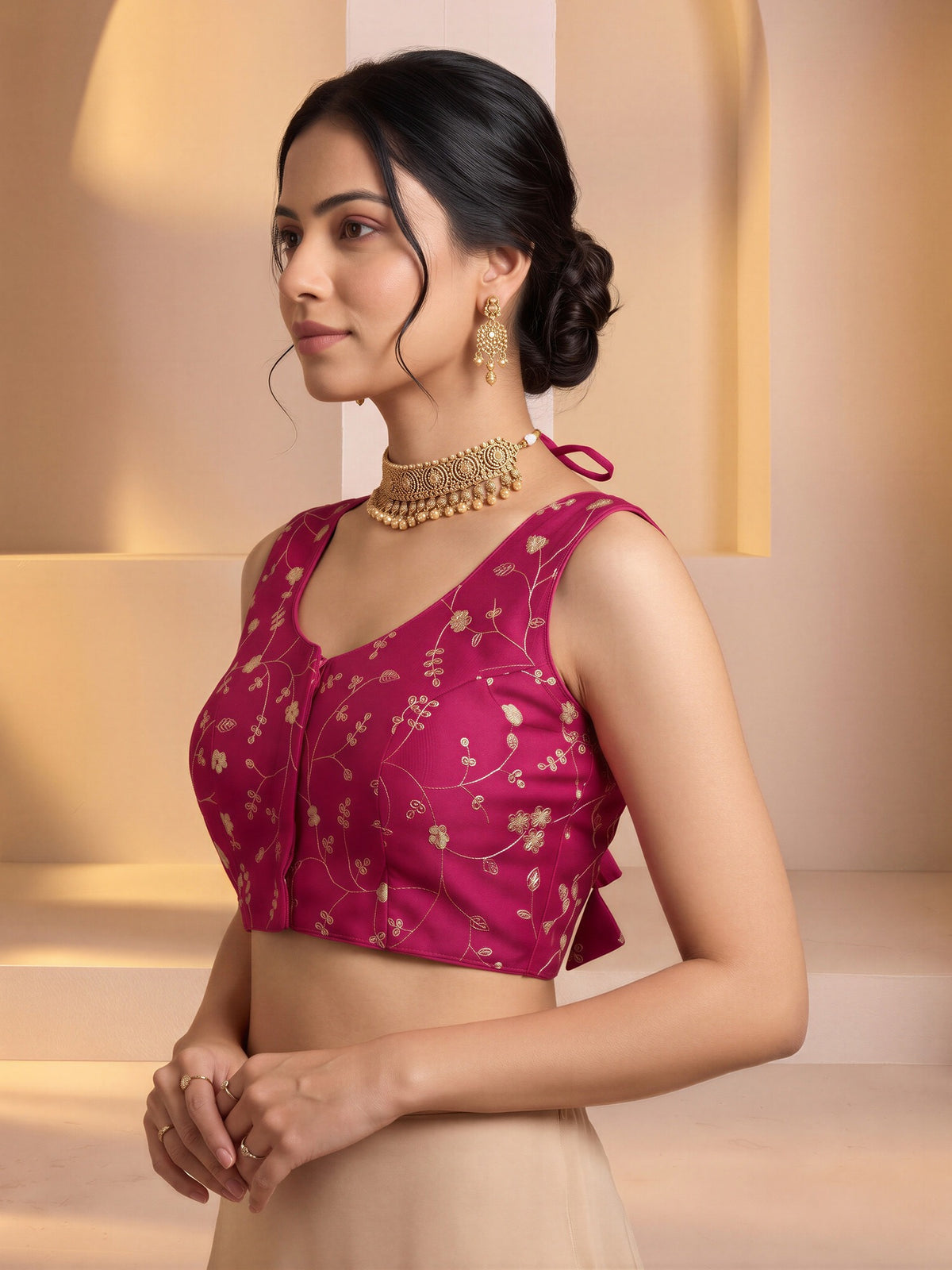 Magenta sequin embroidered vichitra silk sleeveless readymade saree blouse with round neck view 2