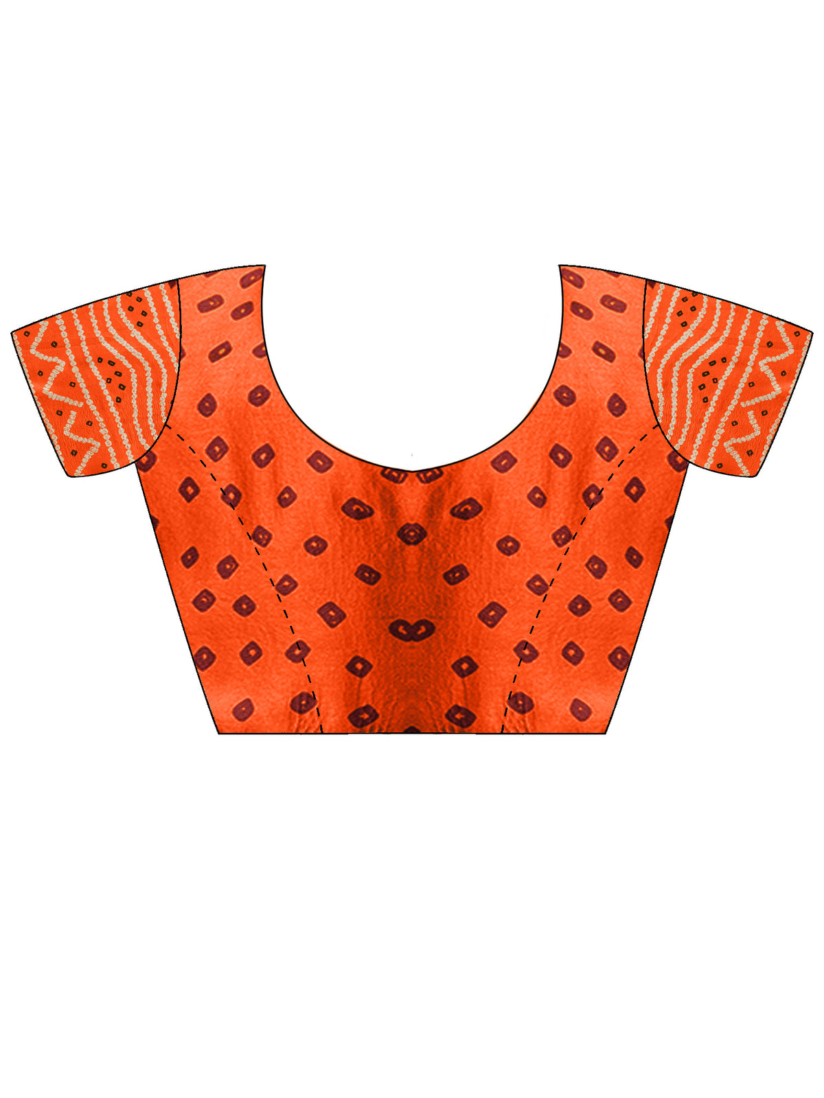 Unstitched orange satin silk blouse piece with bandhani design