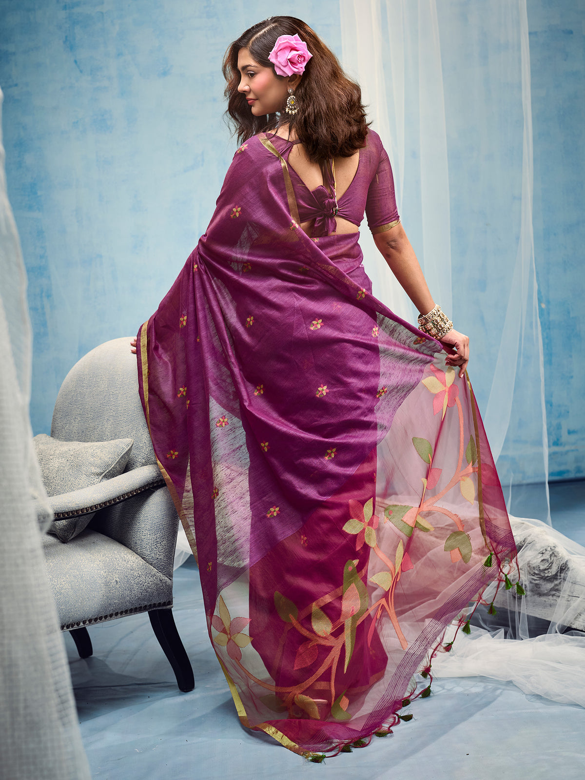 Magenta Muga Cotton saree – detail view 1