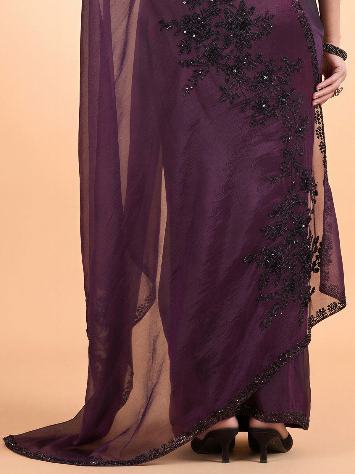 Wine Satin Silk saree – detail view 5