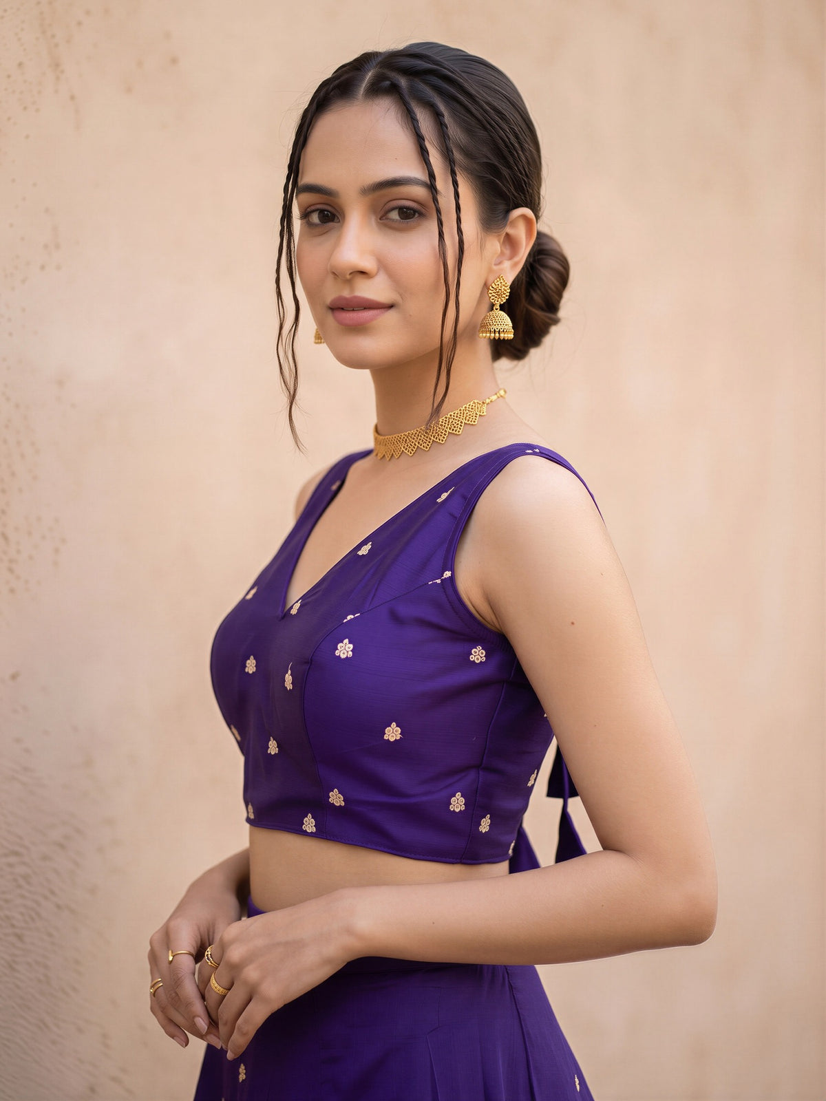 Violet sequin embellished vichitra silk sleeveless readymade saree blouse with v neck view 2