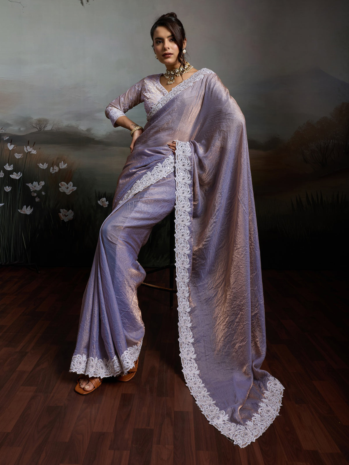 Lavender Satin Silk saree – detail view 3