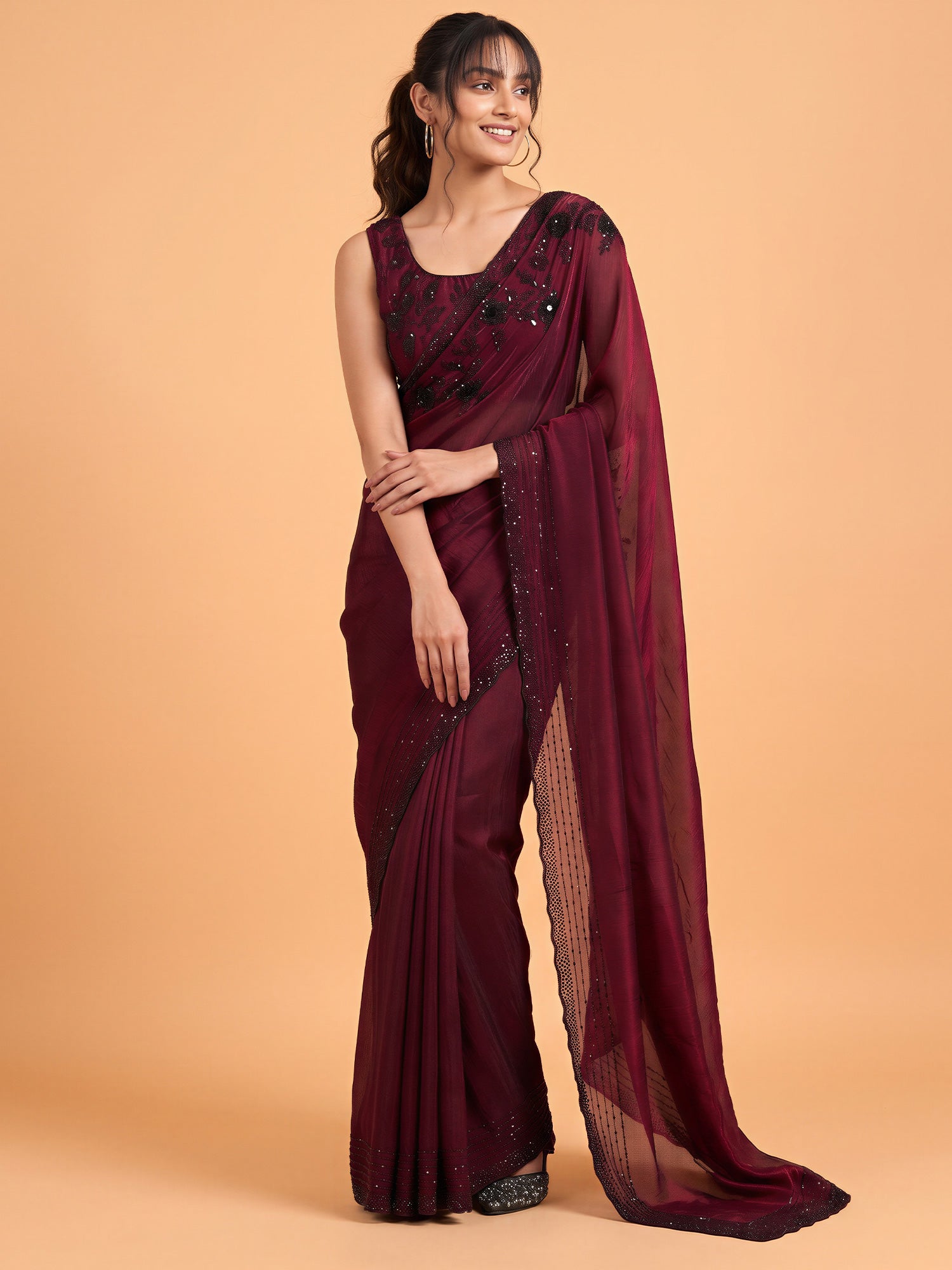 Maroon Satin Silk saree – detail view 3