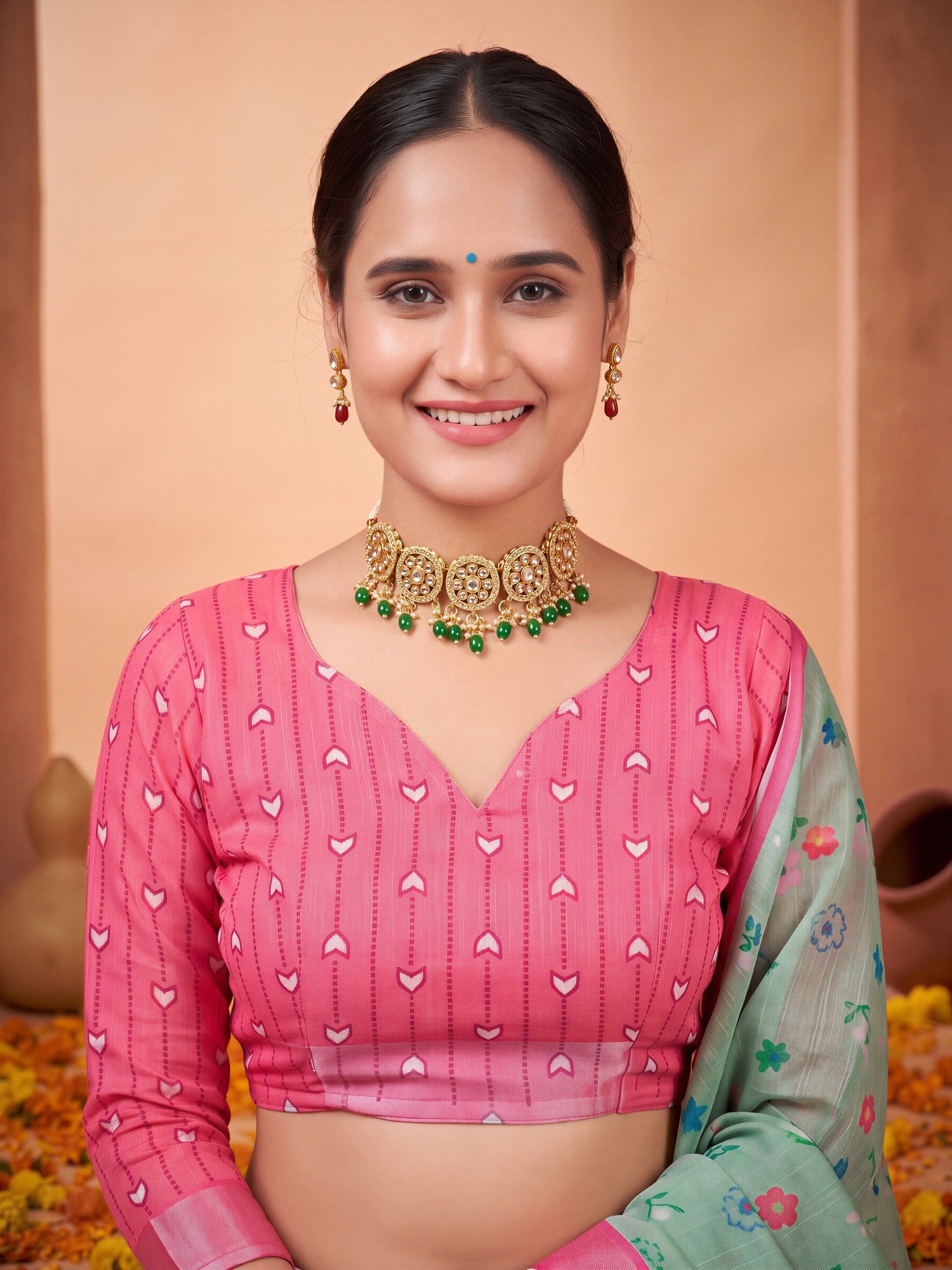 Unstitched pink cotton linen blouse piece with ethnic motif design