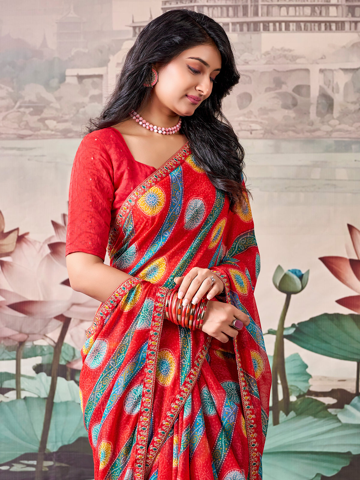 Red Georgette saree – detail view 3
