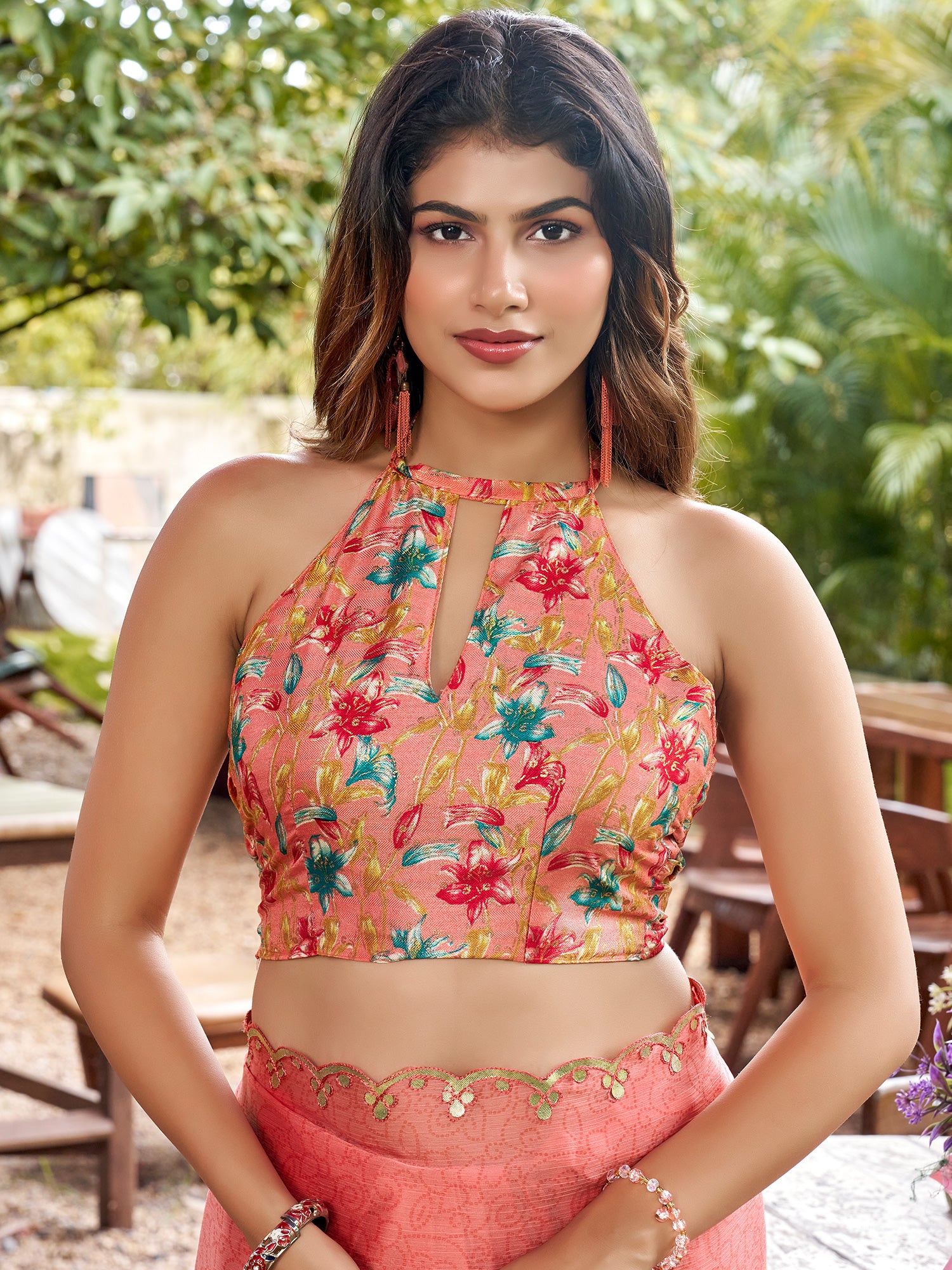 Unstitched multicolored pashmina silk blouse piece with floral design