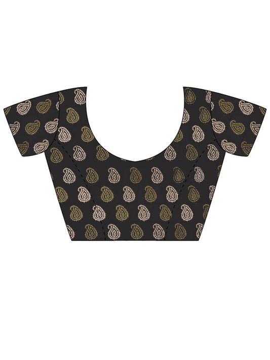 Unstitched black silk blend blouse piece with batik design