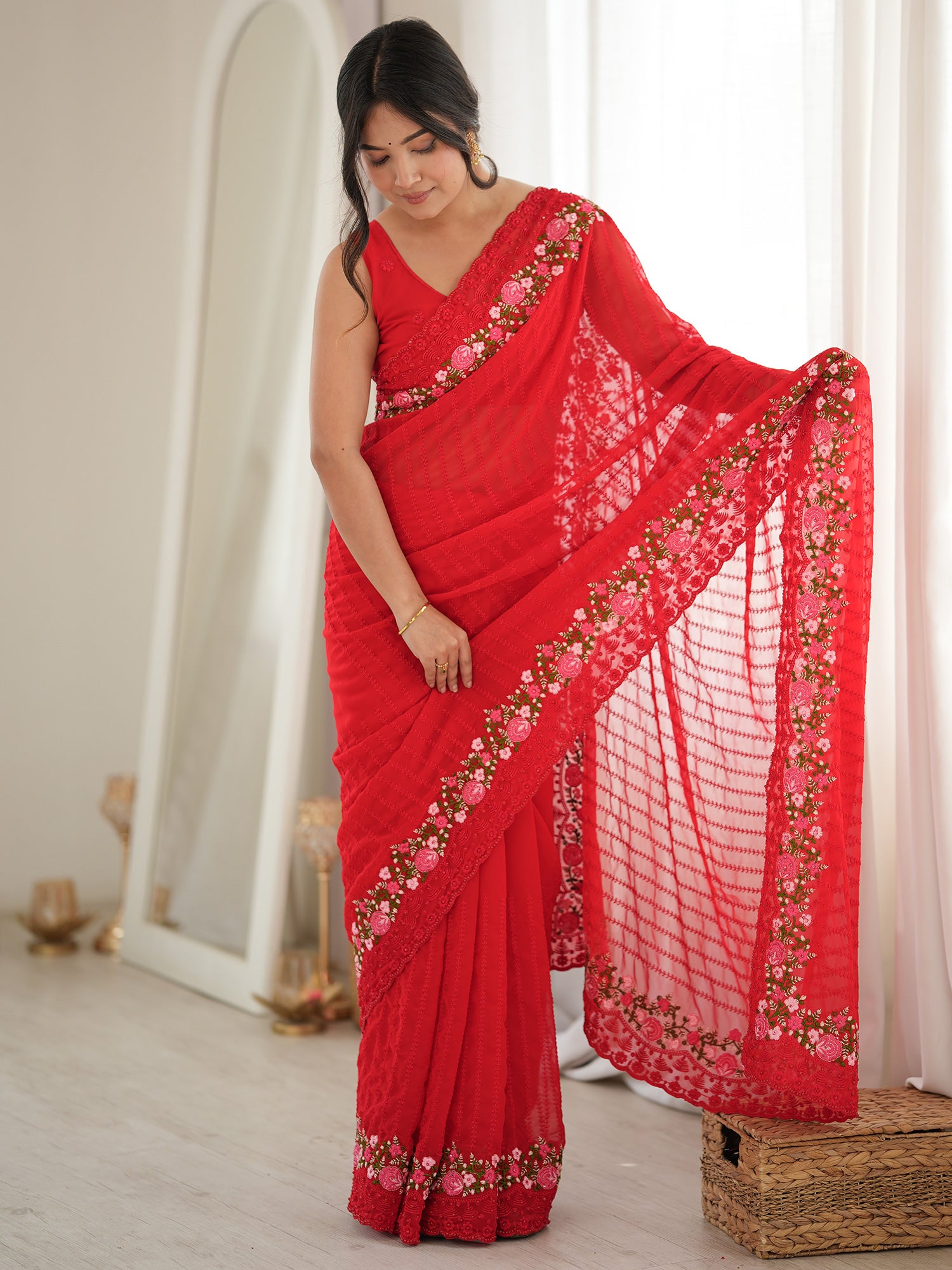 Red Georgette saree – detail view 2