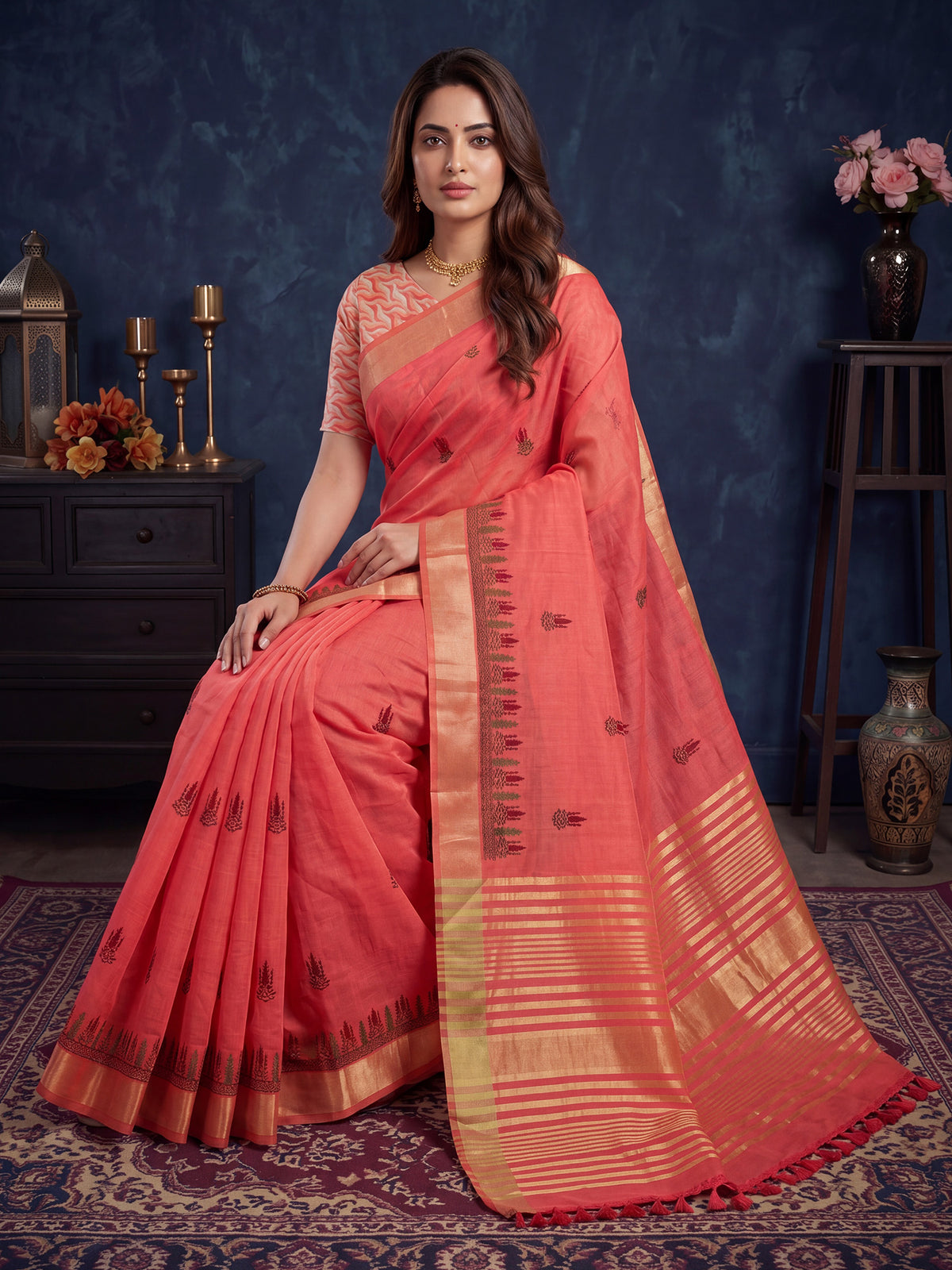 Peach Cotton Linen saree – detail view 3
