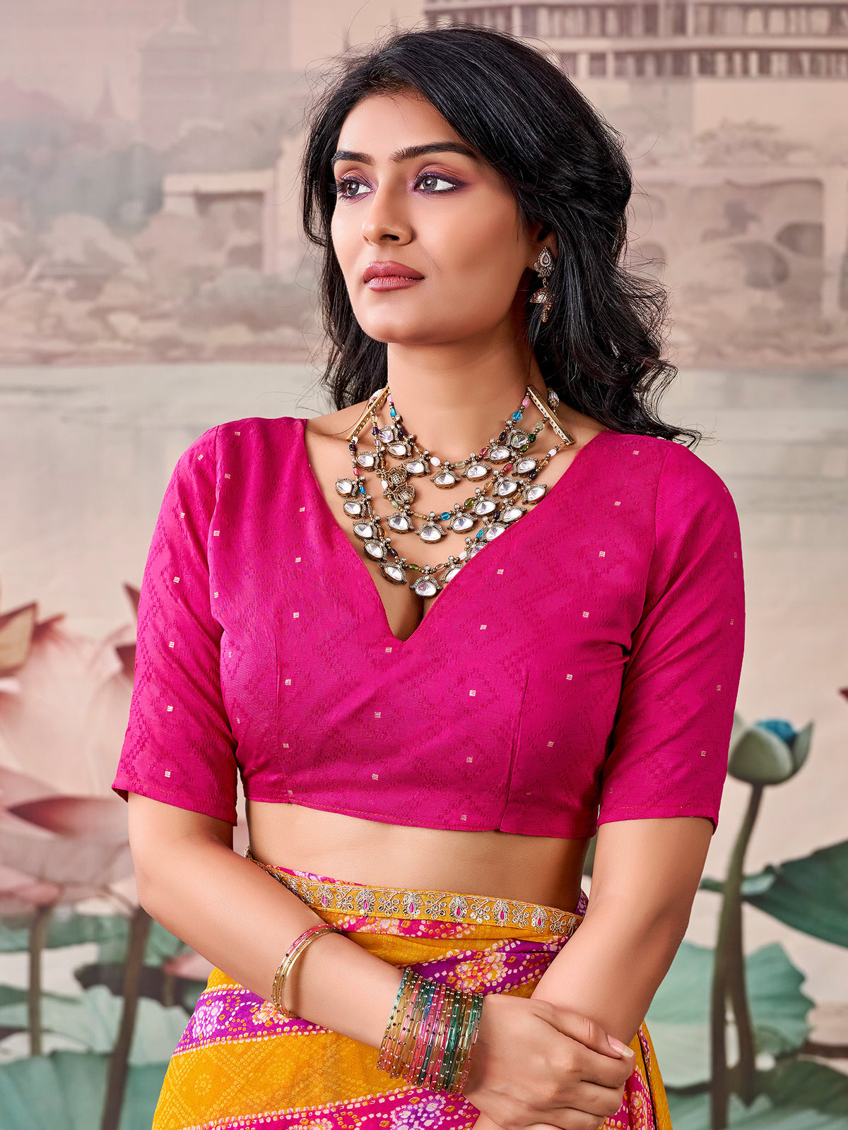 Unstitched pink georgette blouse piece with zari butta design