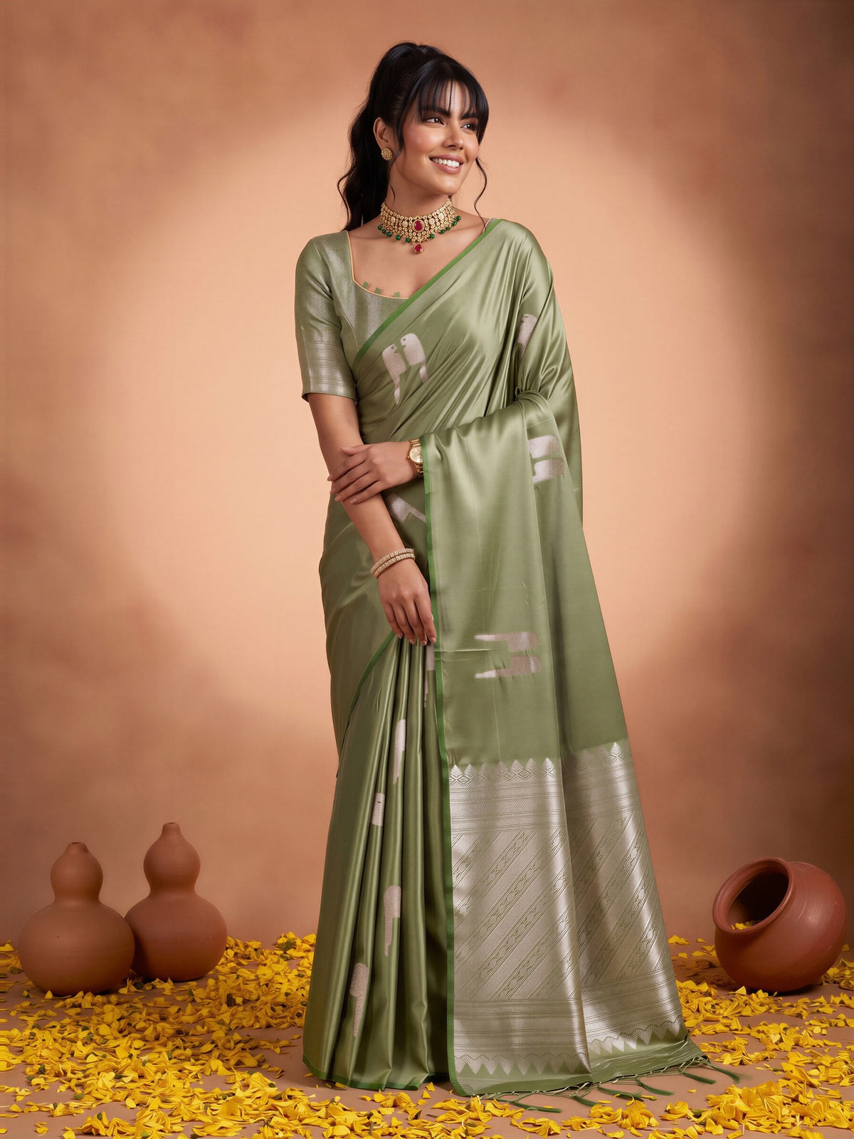 Green Satin saree – detail view 2