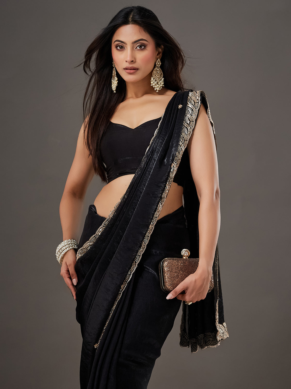 Black Satin saree – detail view 3