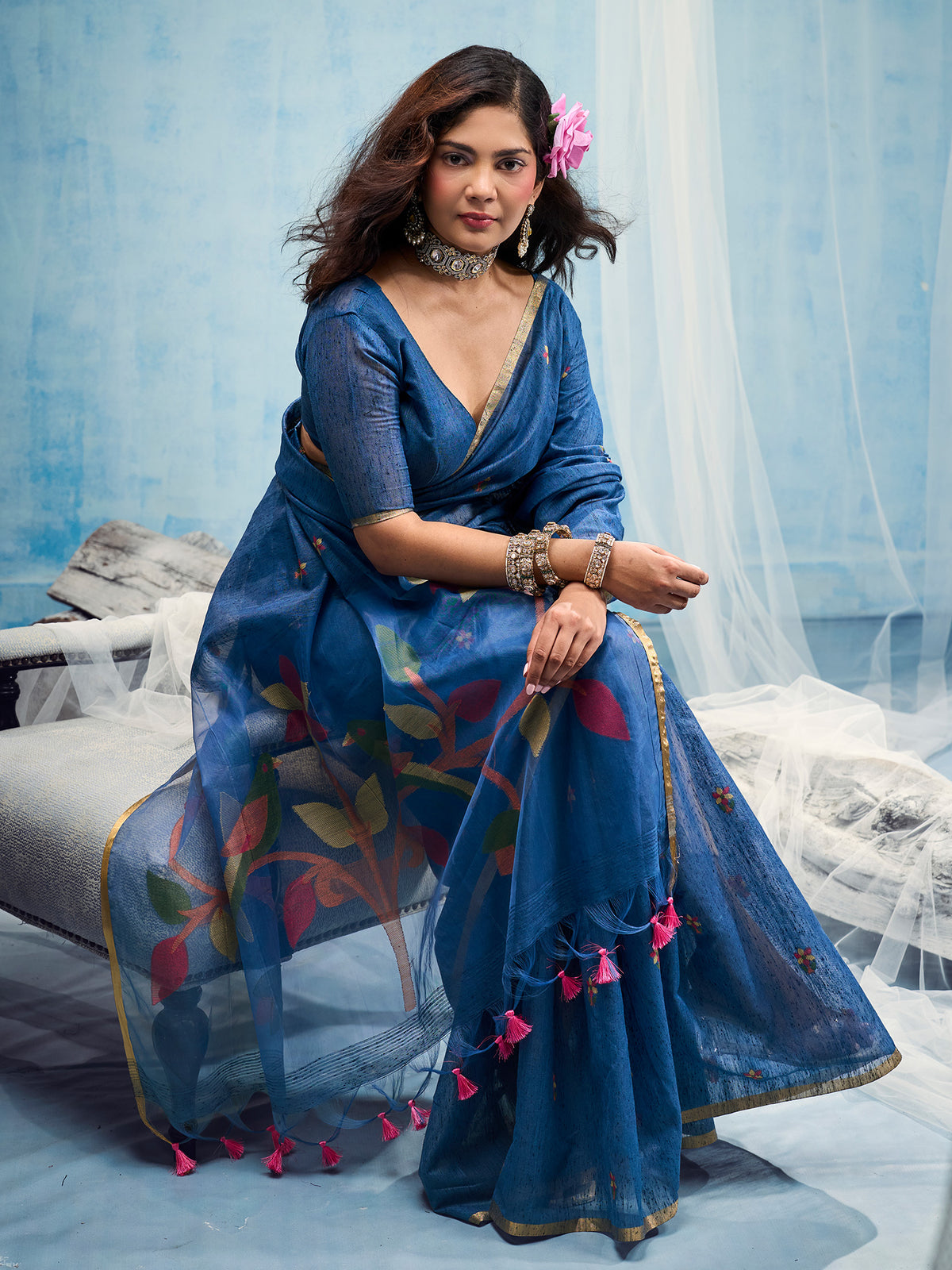 Blue Muga Cotton saree – detail view 2
