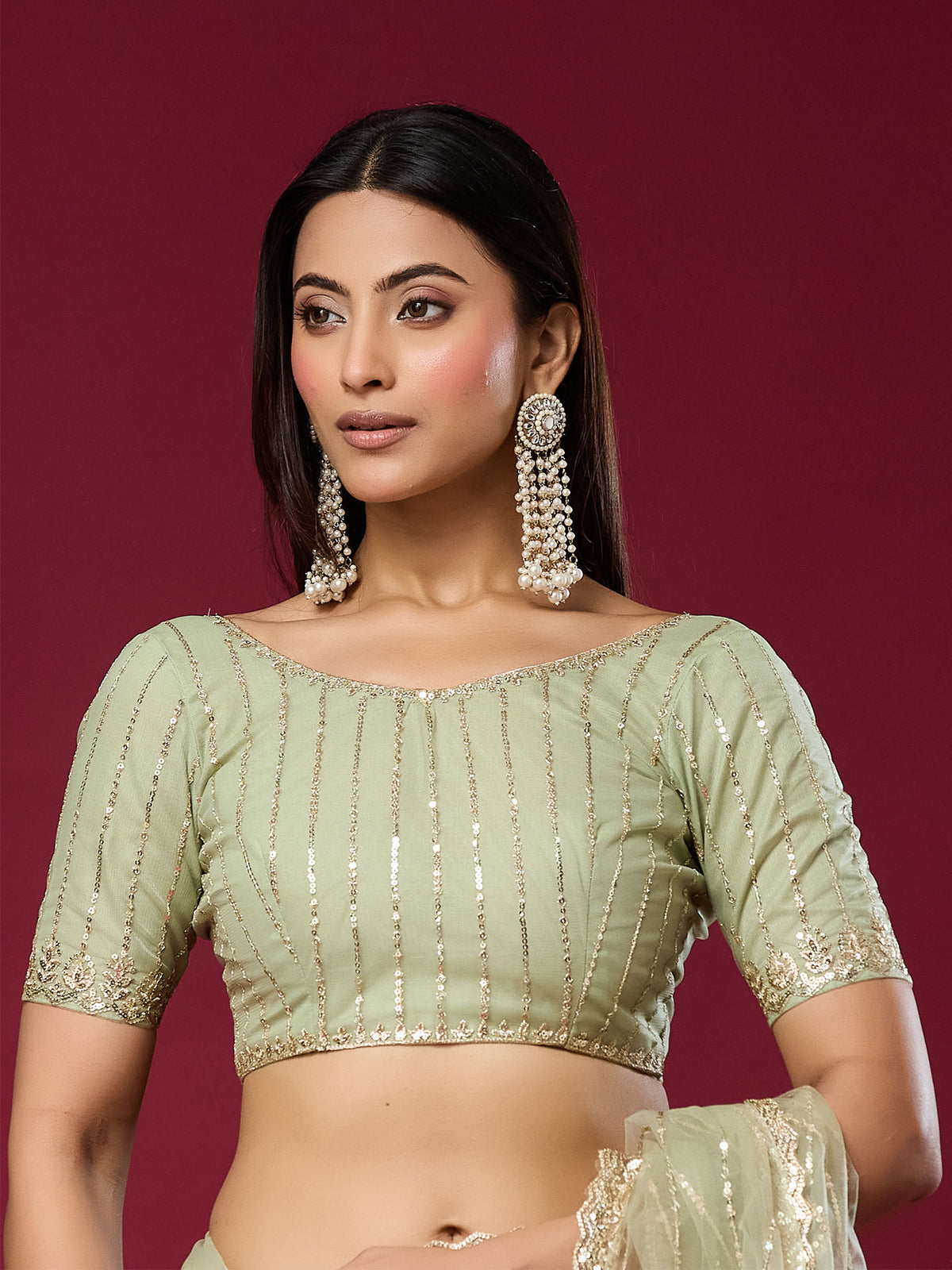 Unstitched light green net blouse piece with embellished design