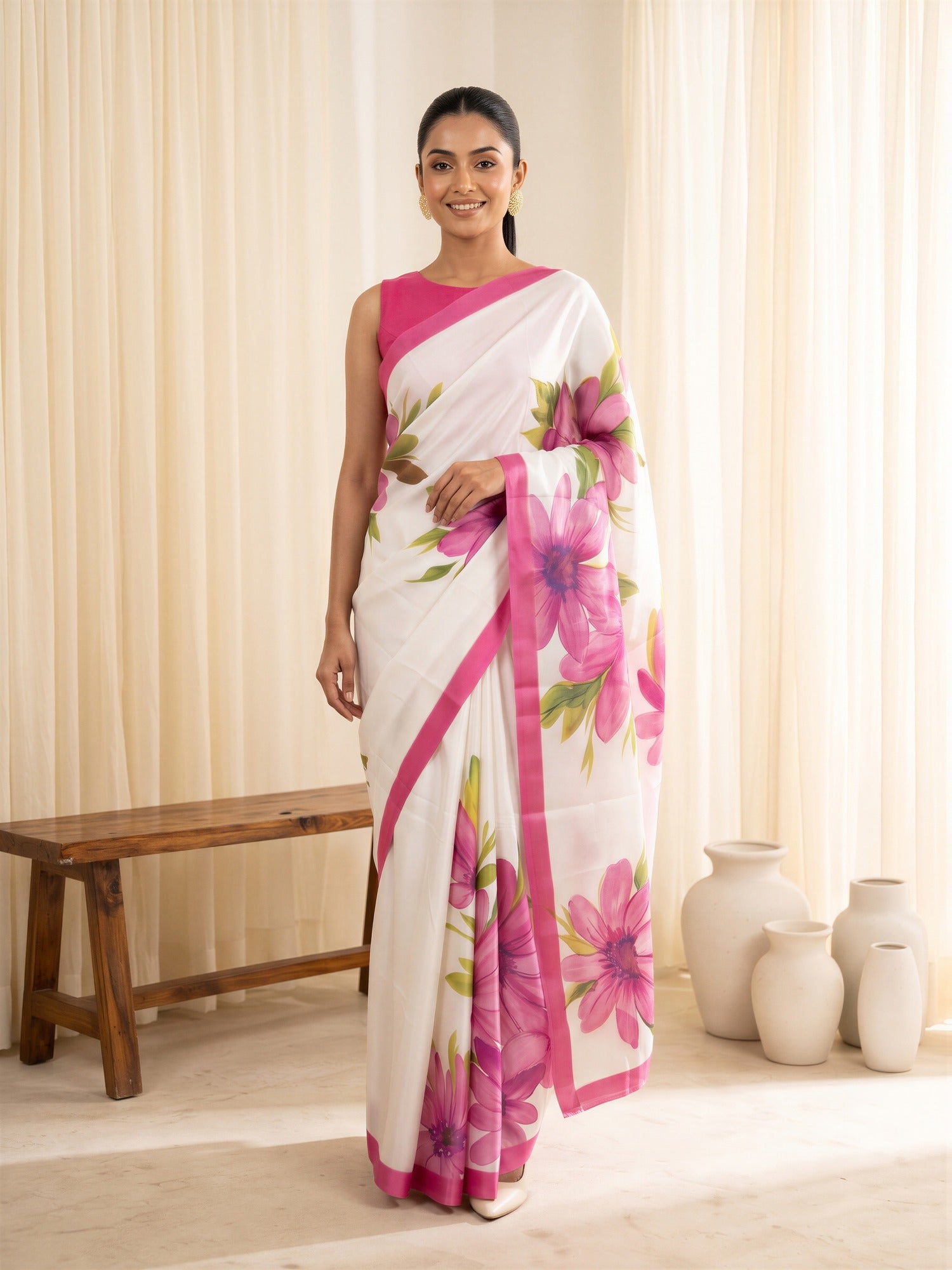 Woman wearing pink chiffon saree with all-over floral design and pink blouse