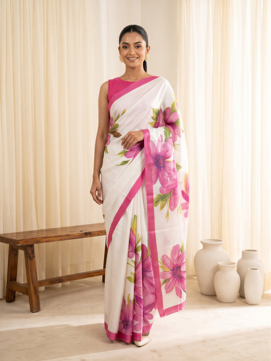 Woman wearing pink chiffon saree with all-over floral design and pink blouse