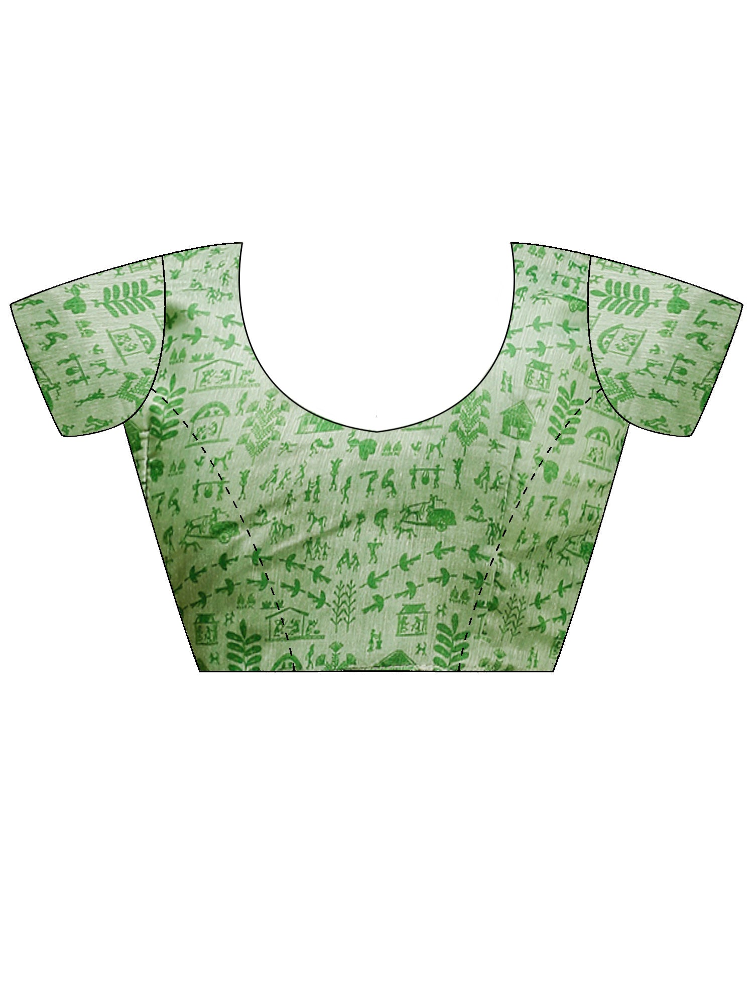 Unstitched light green cotton linen blouse piece with warli design