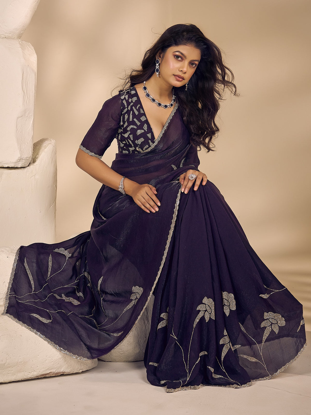 Purple satin silk saree view 3