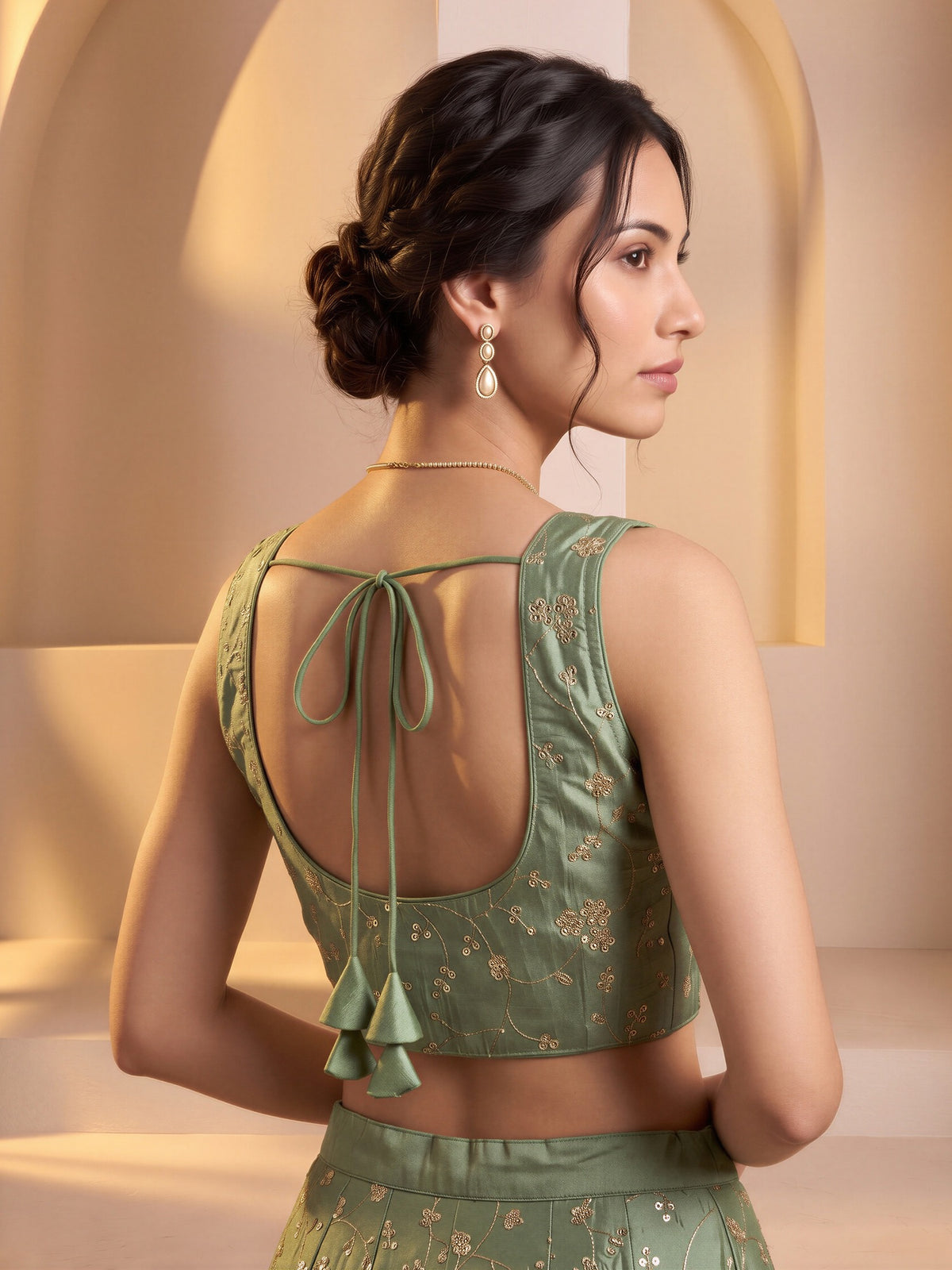 Sea Green sequin embroidered vichitra silk sleeveless readymade saree blouse with round neck view 1