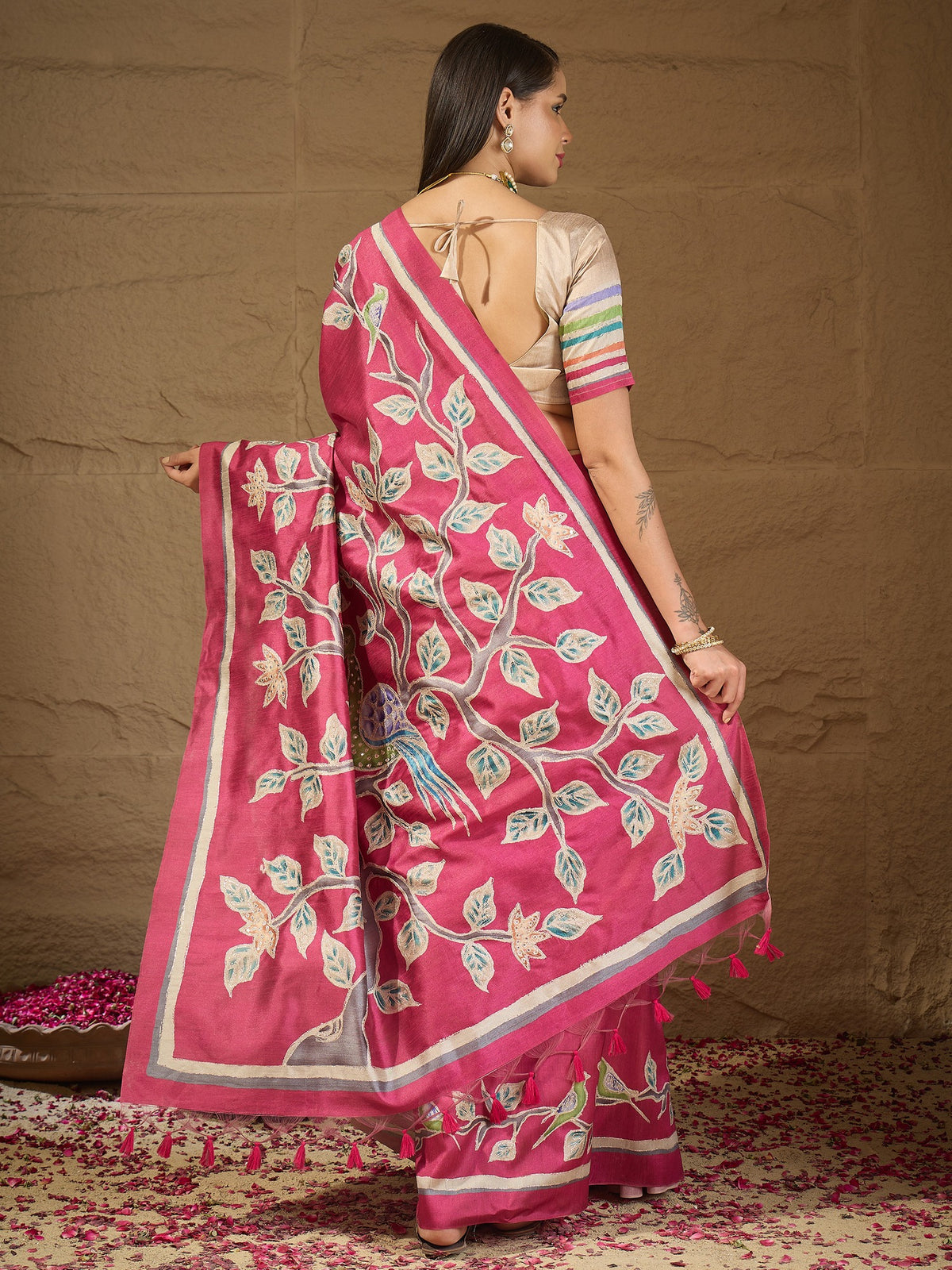 Pink art silk saree view 2