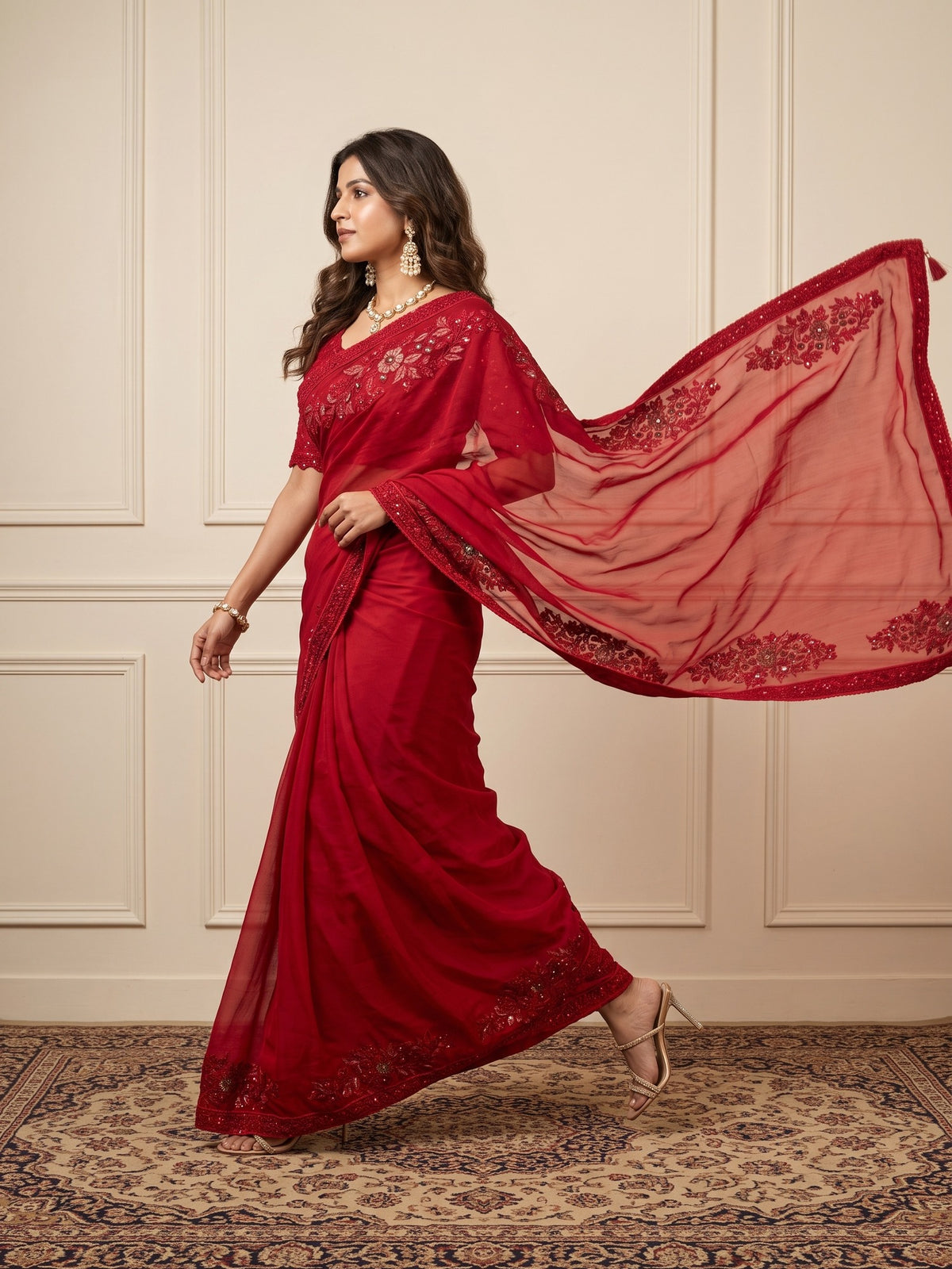 Red Satin saree – detail view 3