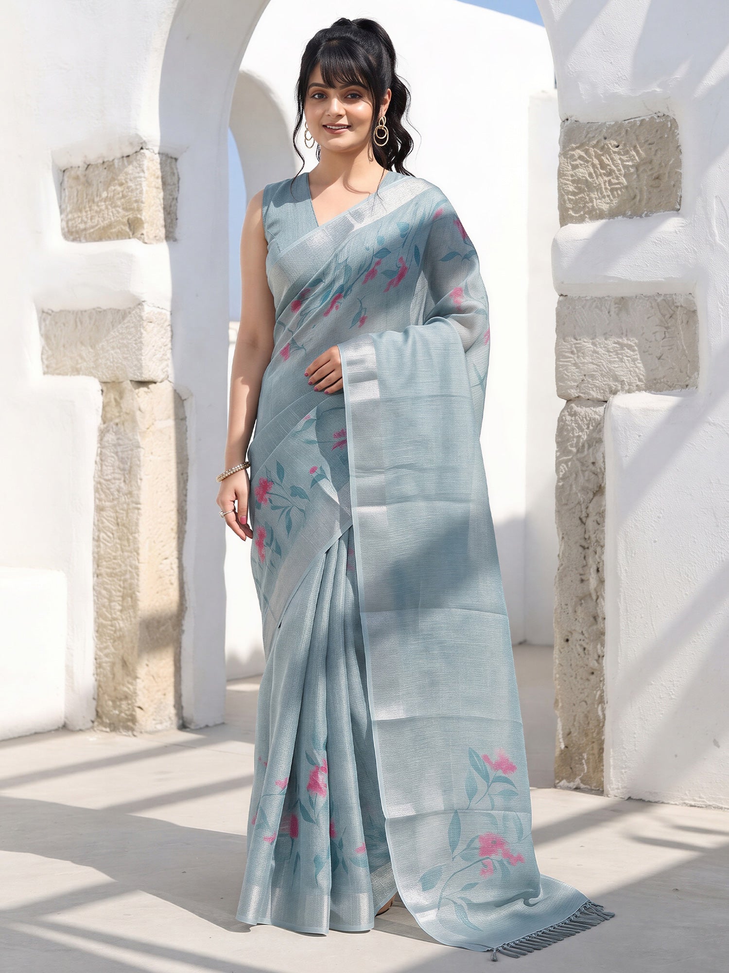 Teal Blue Cotton Silk saree – detail view 3