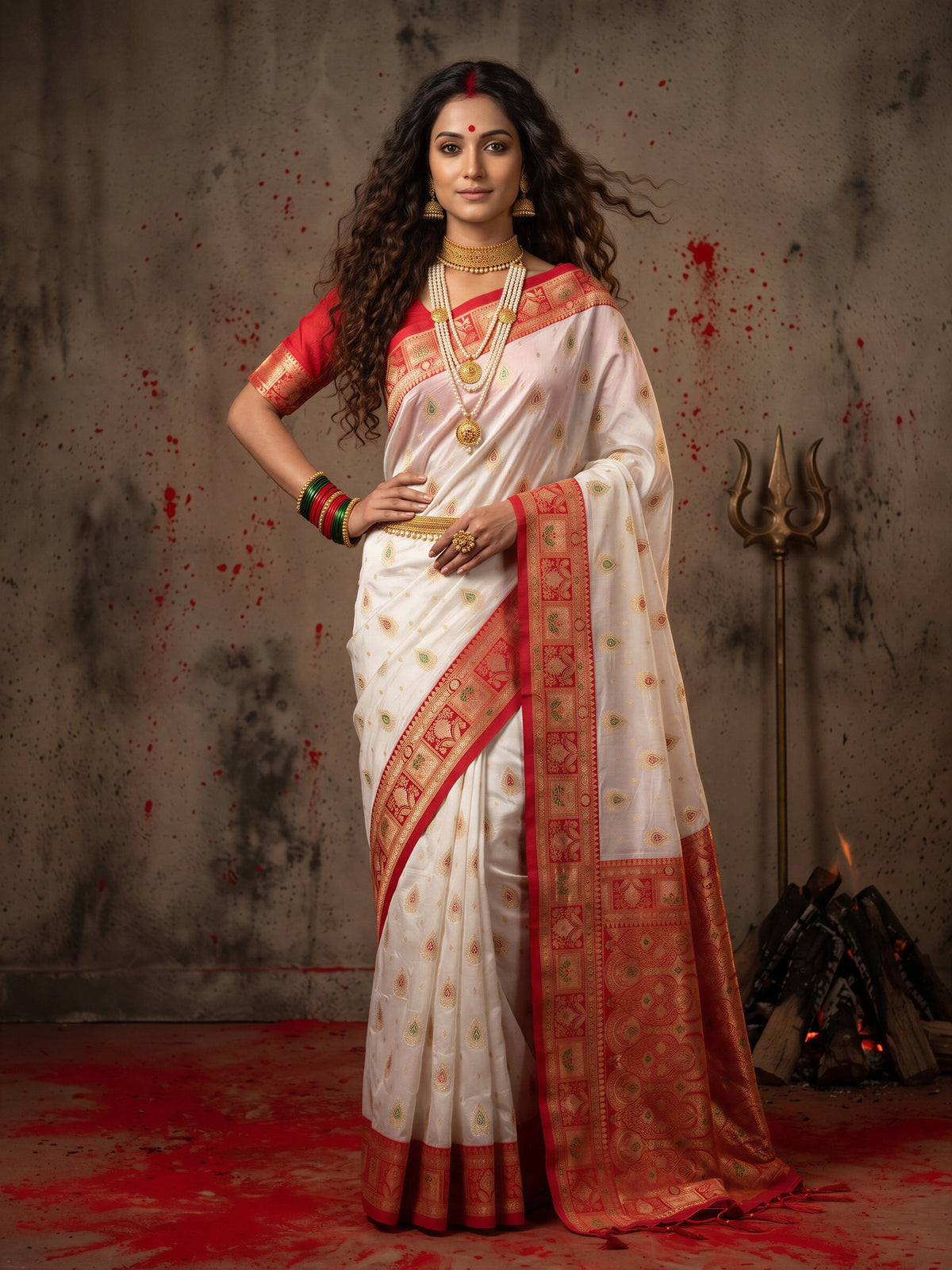 Woman wearing white banarasi silk saree with zari butta (metallic motif) work and red blouse