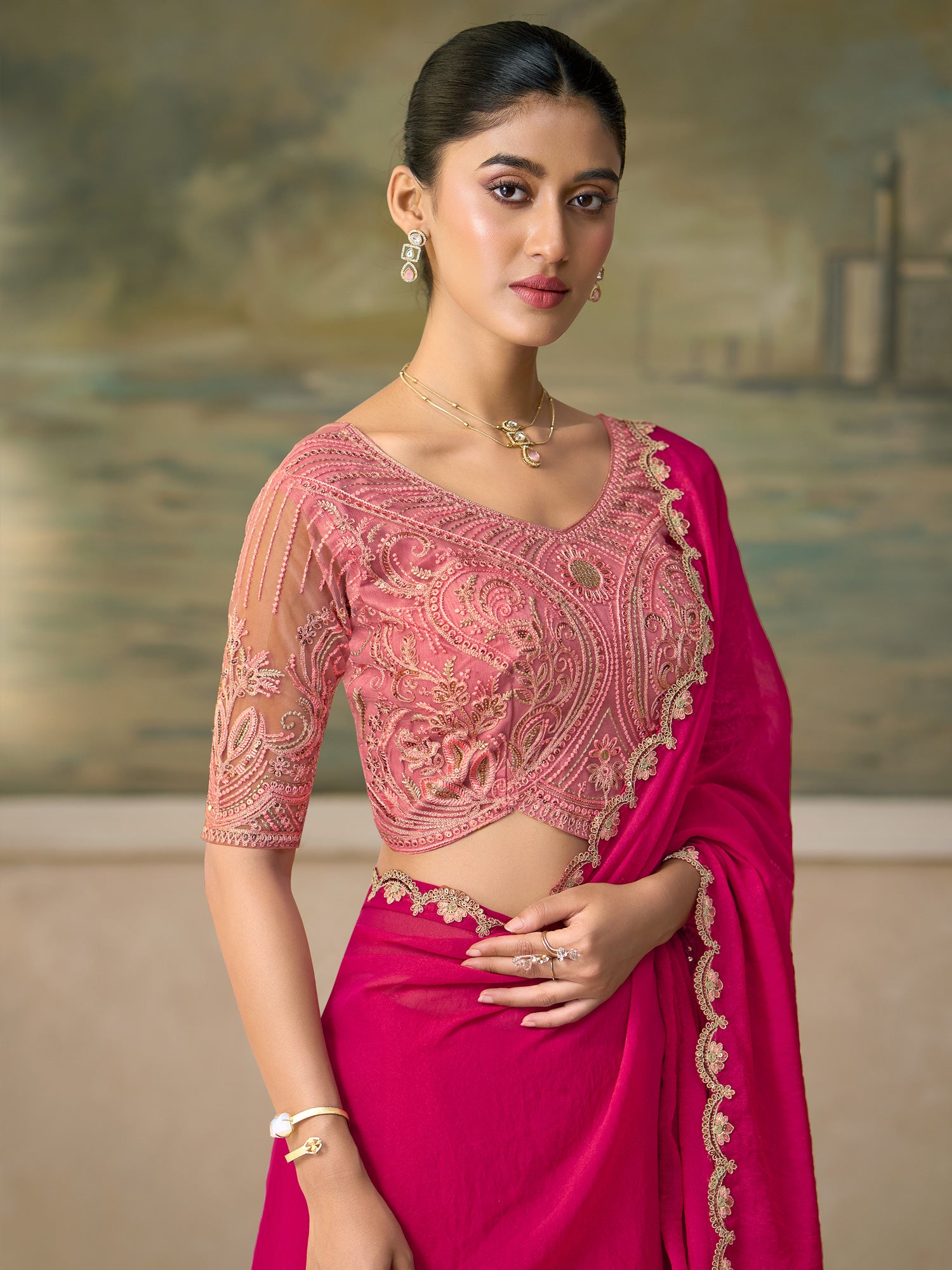 Pink Georgette saree – detail view 1