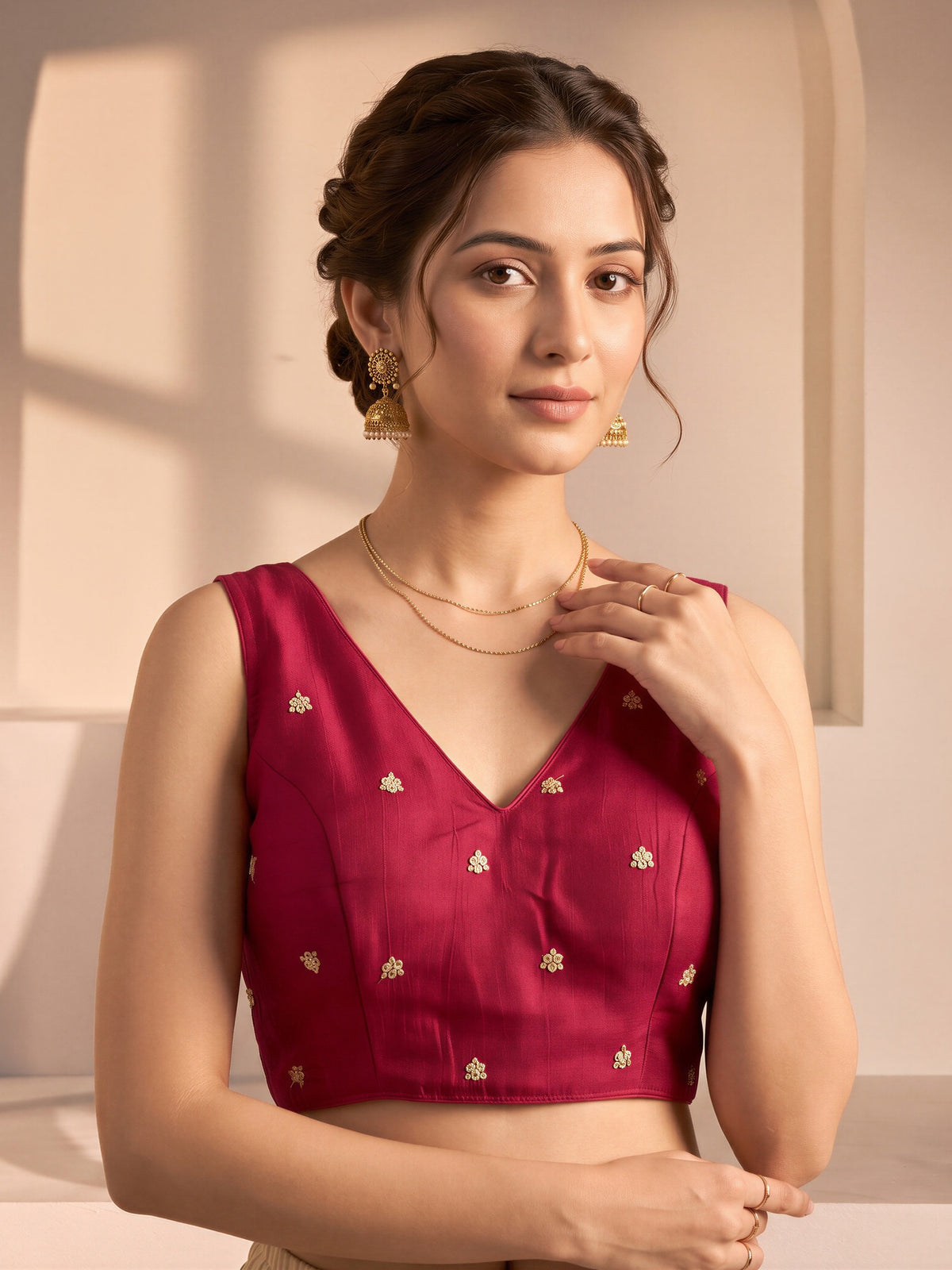 Red sequin embellished vichitra silk sleeveless readymade saree blouse with v neck