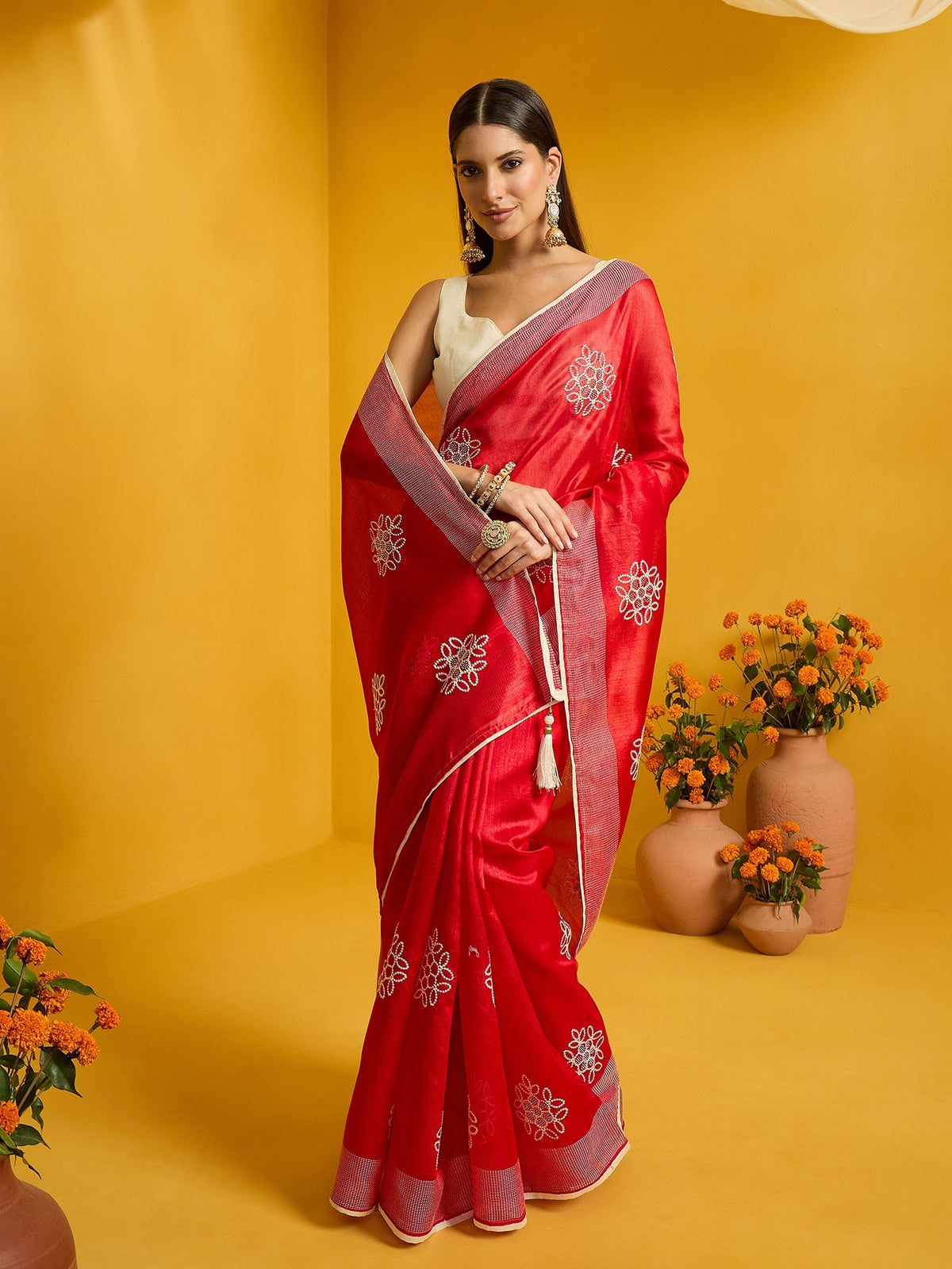 Red Cotton Blend saree – detail view 2